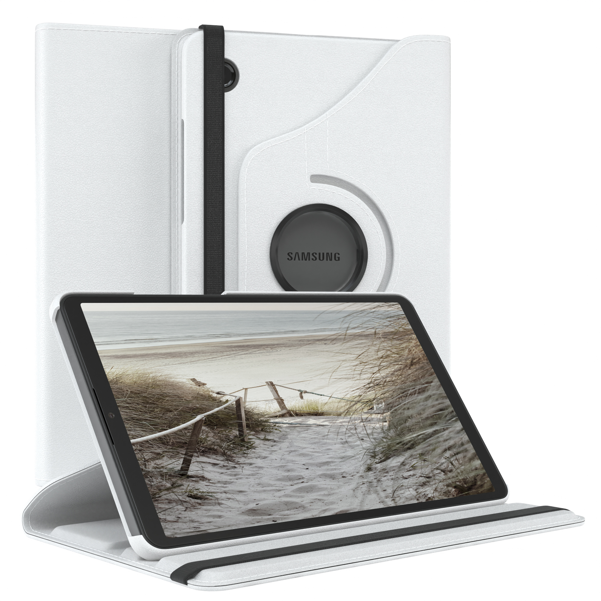 Weißes Tablet-Etui. Das Tablet zeigt eine Strandszene. Der Deckel ist offen, das Tablet ist sichtbar.