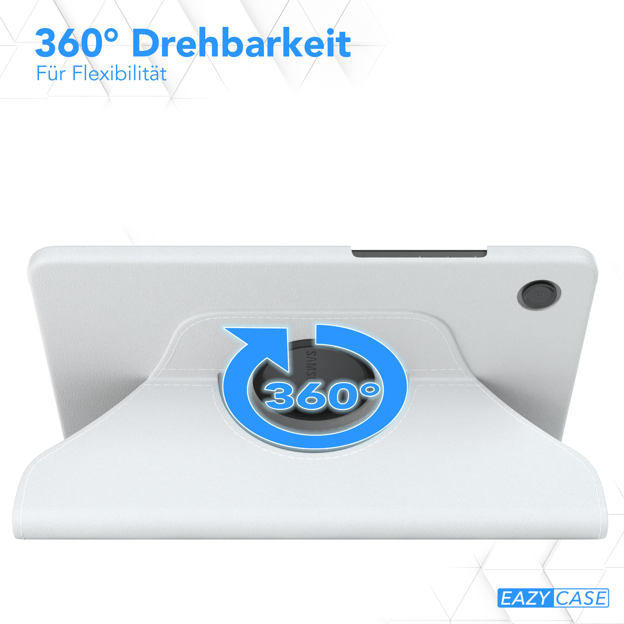 Ein weißes Tablet in einer weißen Hülle, die sich um 360 Grad drehen kann.