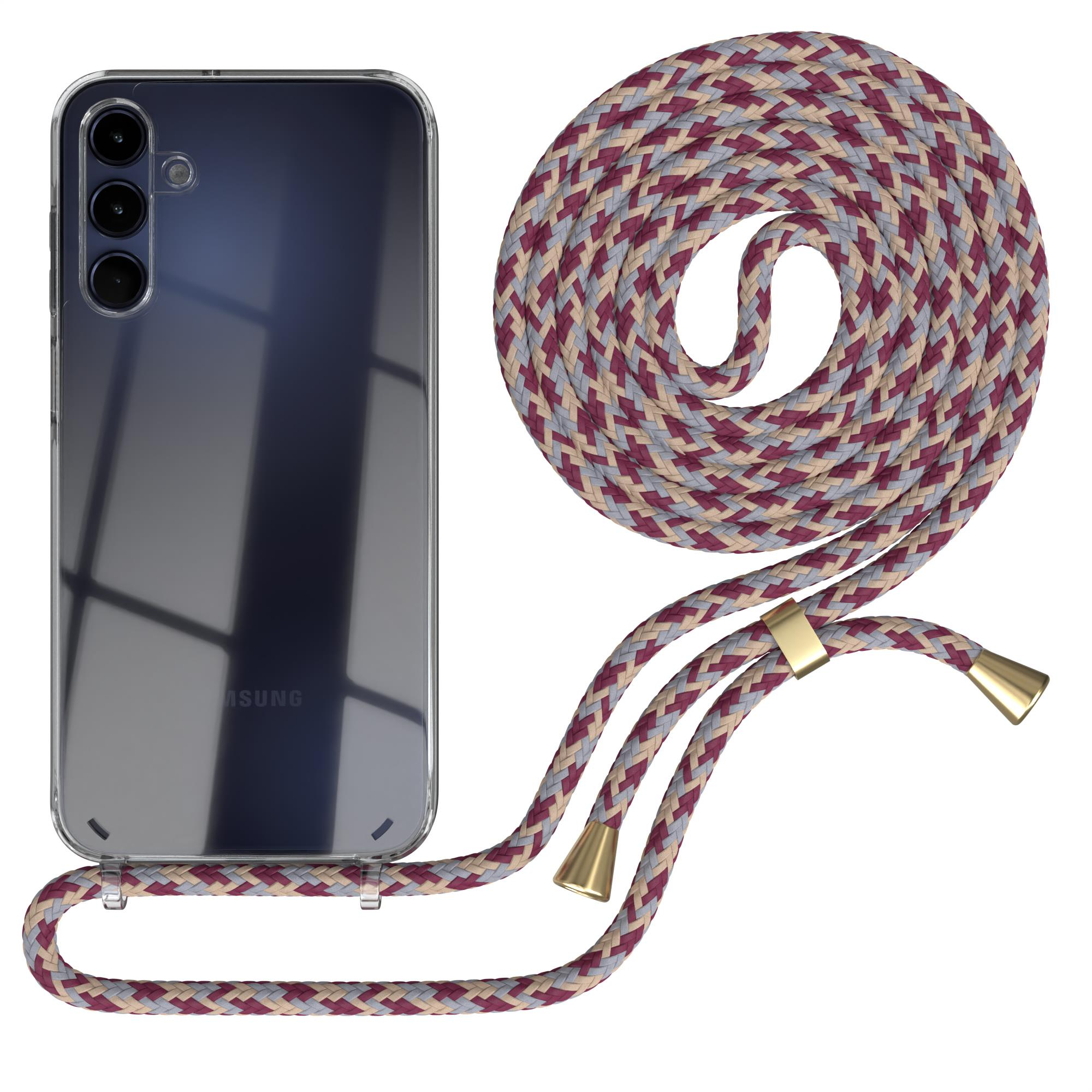 Eine Handyhülle mit geflochtener Kordel, klarer Rückseite und einem Telefon mit dunklem Bildschirm.