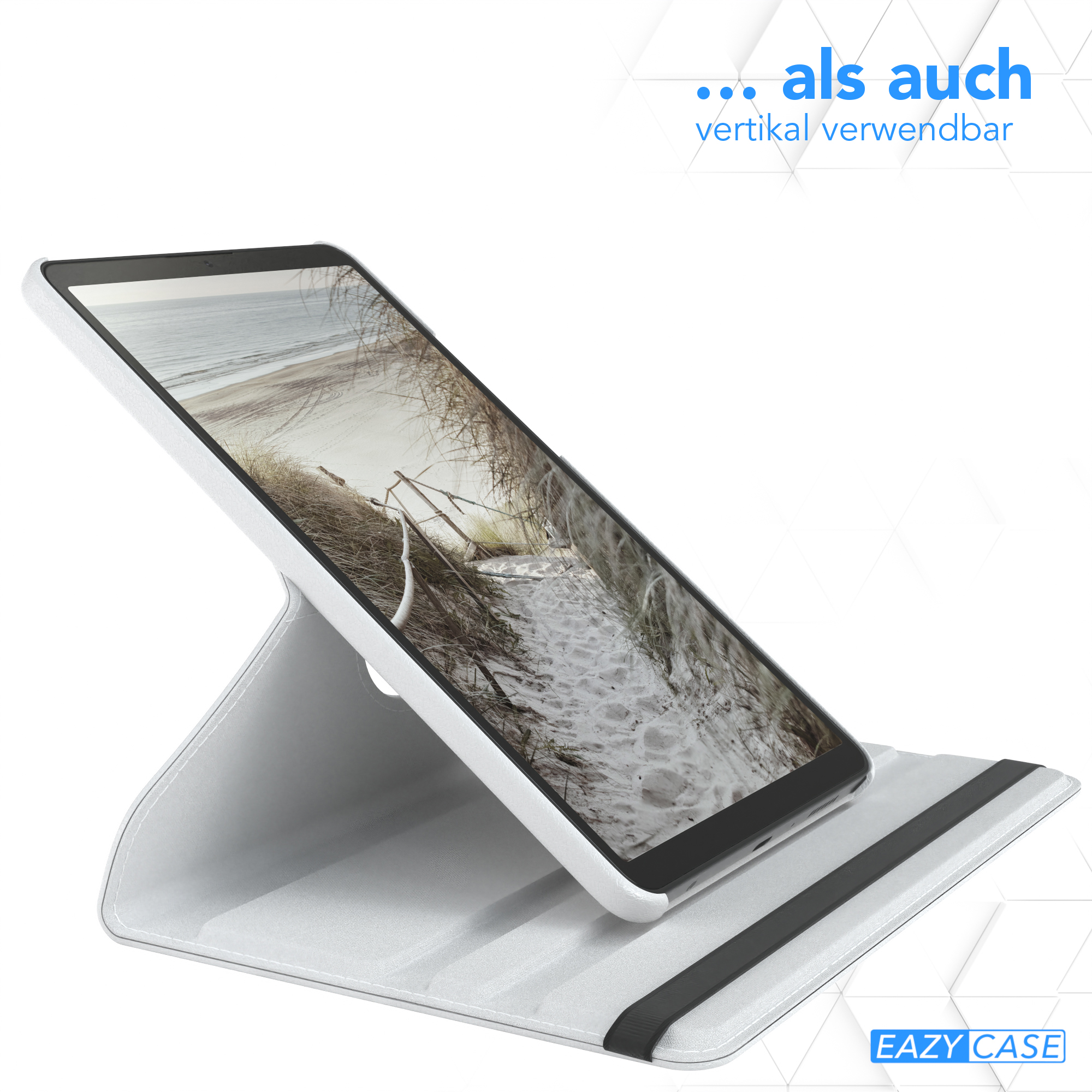 Ein Tablet wird in einem Ständer angezeigt. Der Bildschirm zeigt eine Strandszene. Weißer Hintergrund.