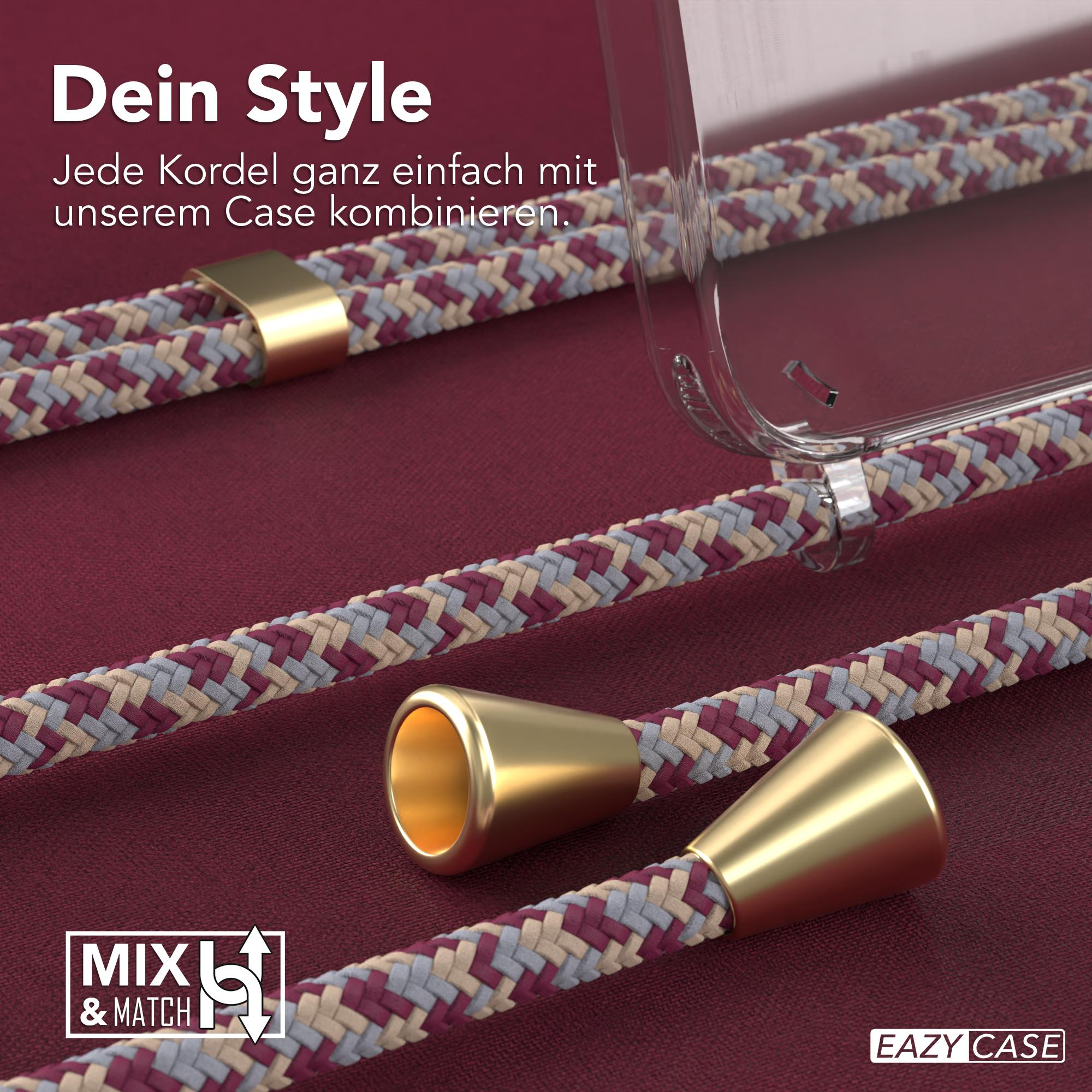 Nahaufnahme von Telefonriemen mit Golddetails und Text: 'Dein Style'. Geflochtene Kordeln und Goldakzente.