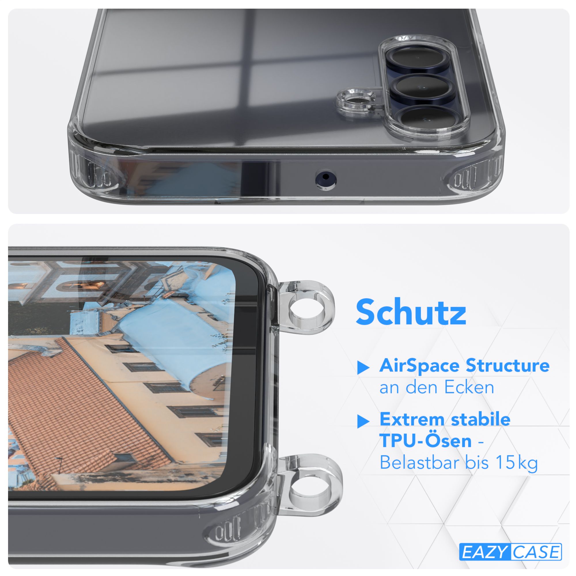 Eine transparente Handyhülle mit Details und ein Gebäude.