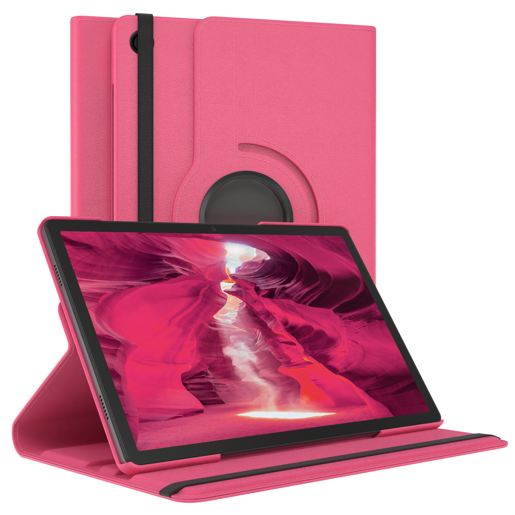Rosa Tablethülle mit Tablet, das ein Bild anzeigt. Die Hülle ist offen und zurückgeklappt, wobei der Ständer zu sehen ist.