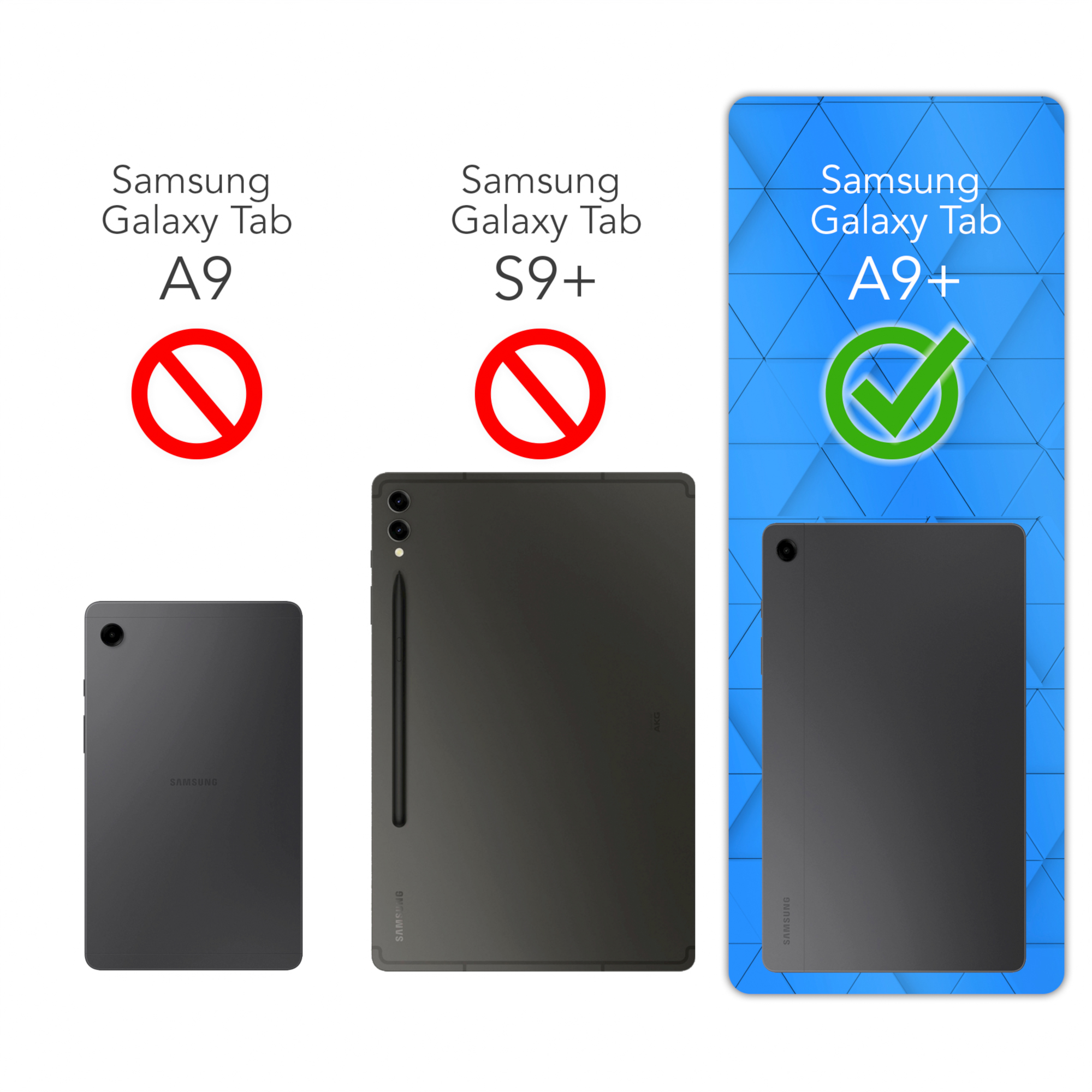 Tablets: A9 und S9+ sind durchgestrichen. A9+ ist genehmigt. Alle Tablets sind dunkelgrau.