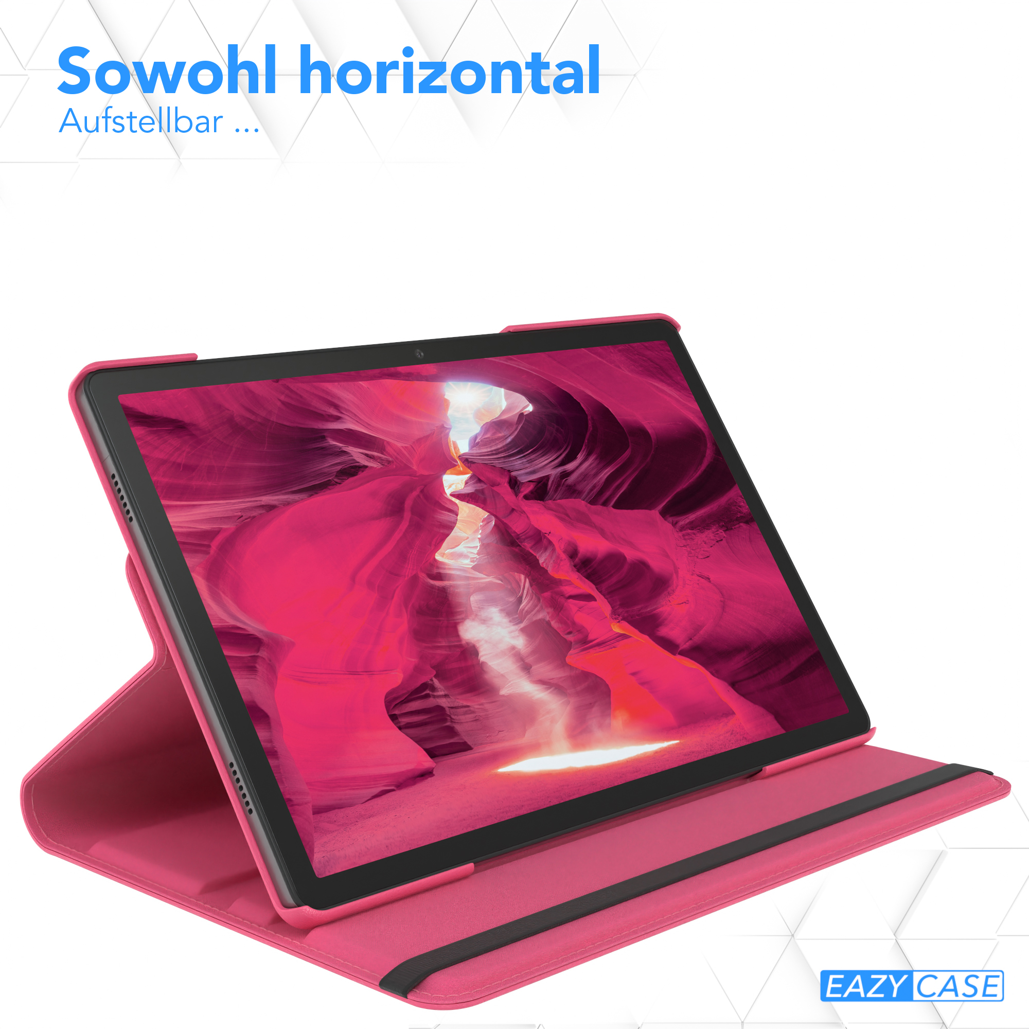 Rosa Tablet Hülle, mit einem Tablet darin, vor einem Canyon Bild.