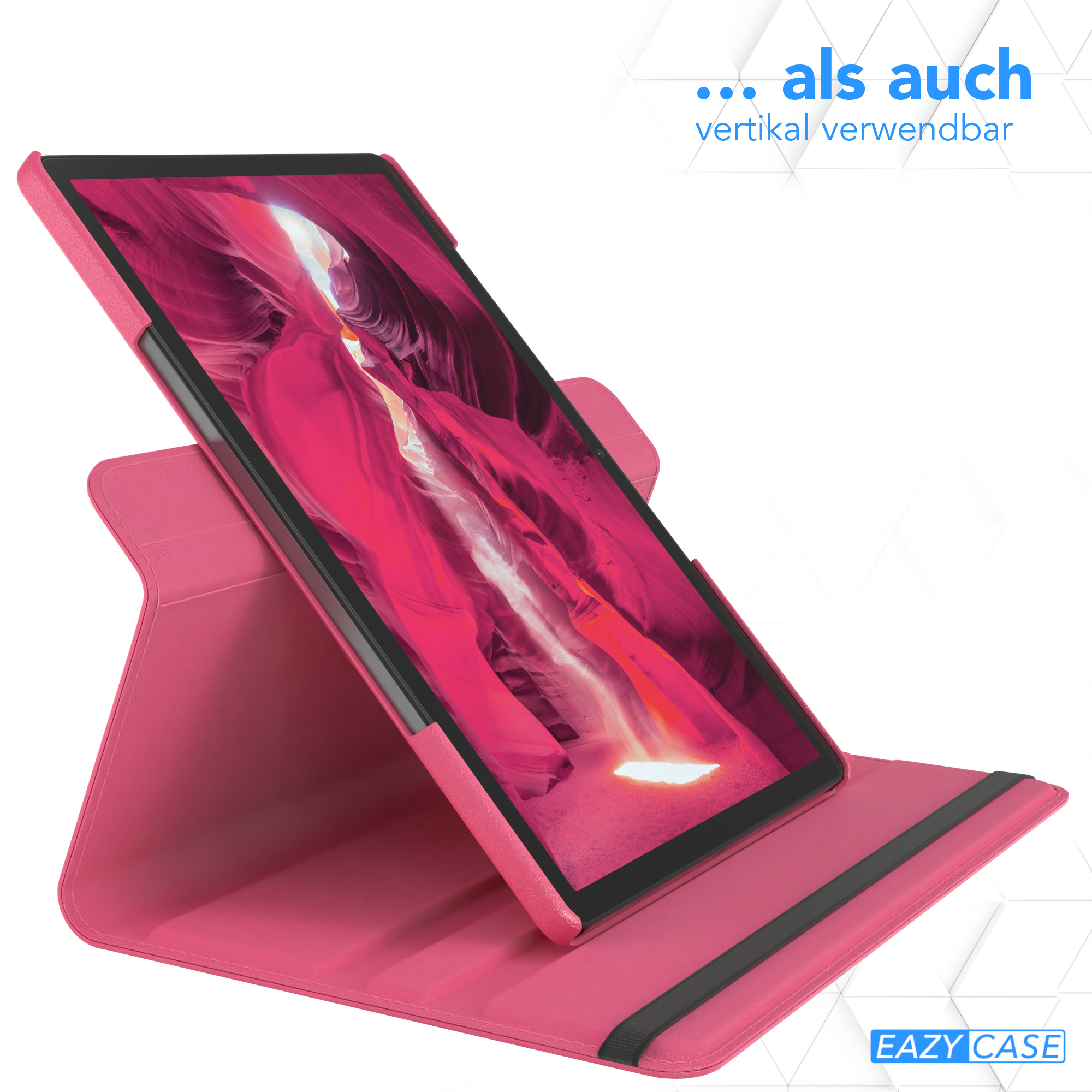 Rosa Tablet in einer Hülle. Das Tablet steht auf einem Ständer, der Hintergrund ist blau.