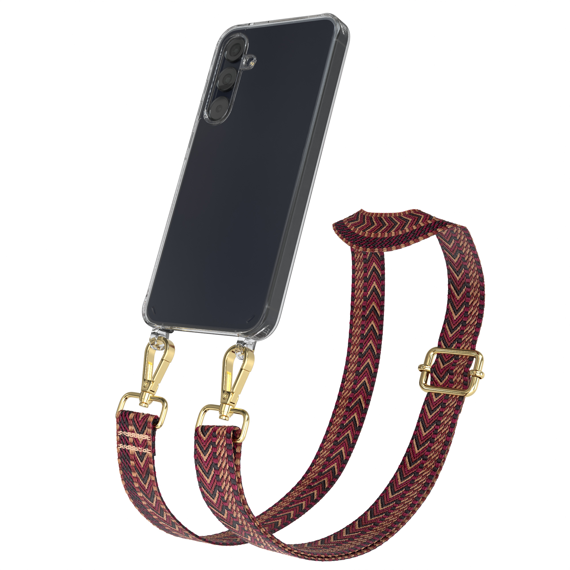 Schwarzes Telefon in klarer Hülle mit rot-braunem Riemen.