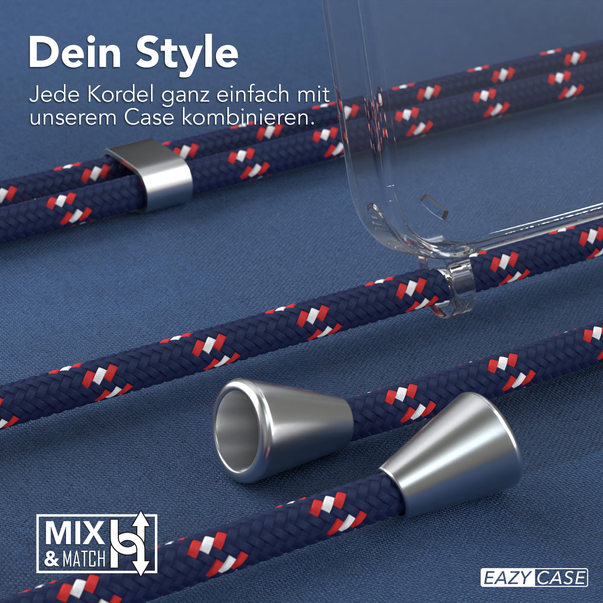 Nahaufnahme einer Handyhülle mit blau-rotem Seil.