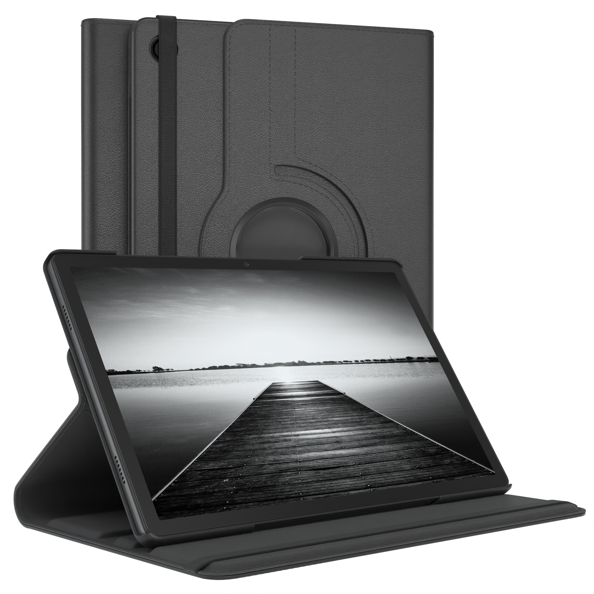 Schwarzes Tablet in einer Hülle, mit Stegszene auf dem Bildschirm.