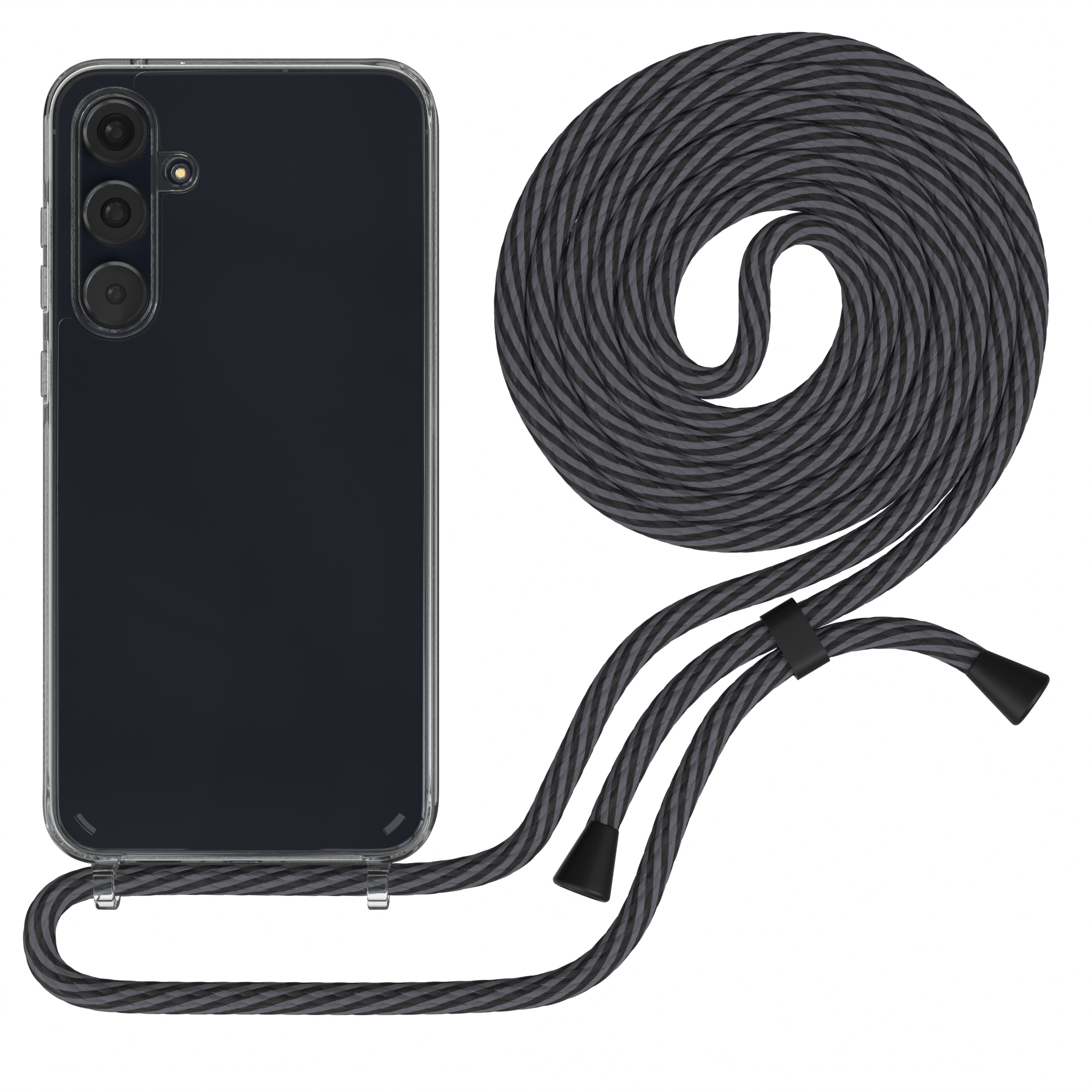Schwarzes Smartphone mit durchsichtiger Hülle und grau gestreiftem Schlüsselband. Das Telefon ist zentriert.