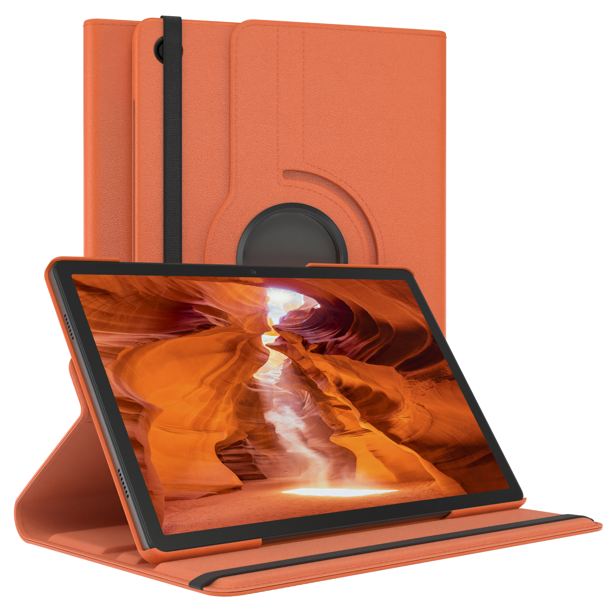Orangene Tablethülle mit einem Tablet darin, geöffnet, um den Tablet-Bildschirm zu zeigen.