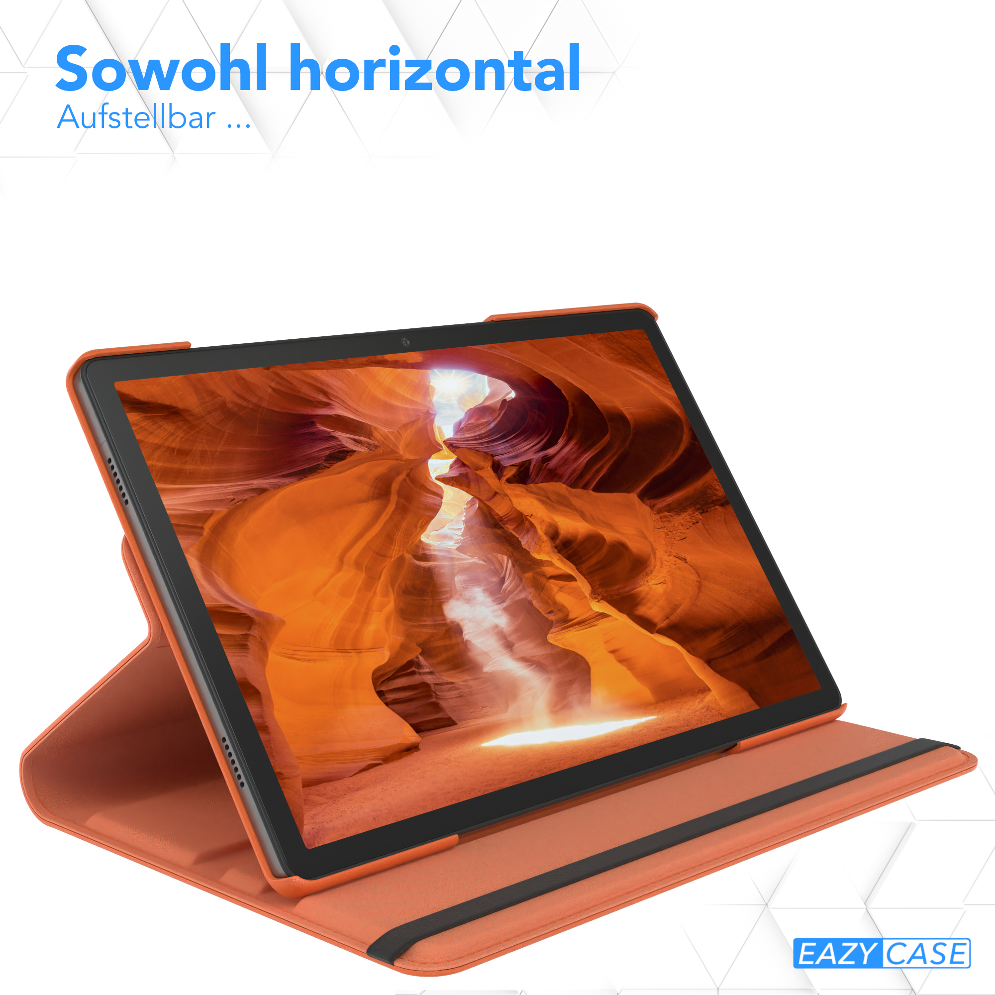 Tablet in orangefarbener Hülle. Der Bildschirm zeigt einen Canyon. Text sagt 'Sowohl horizontal'.