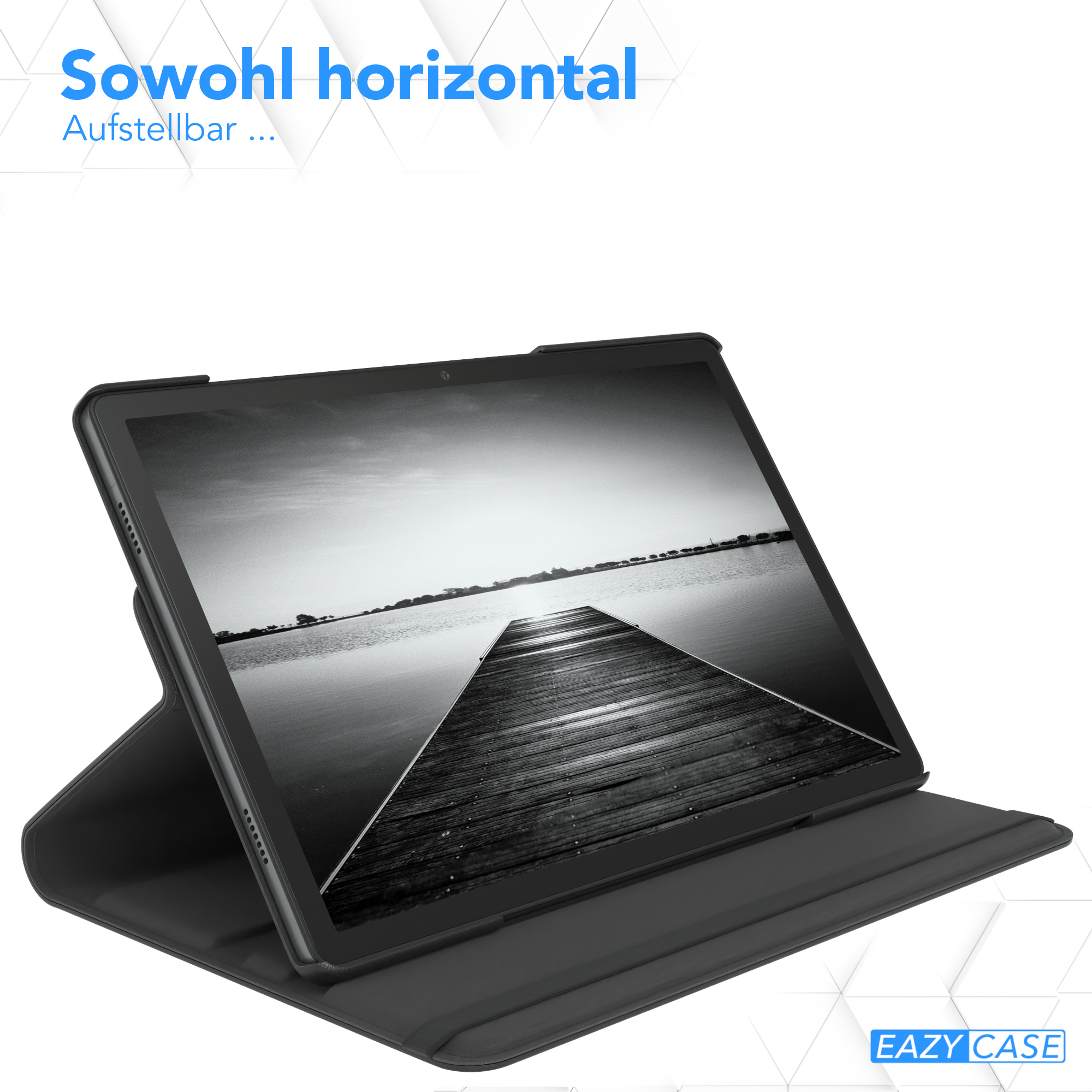 Ein Tablet in einer schwarzen Hülle, horizontal auf einer weißen Oberfläche. Der Bildschirm zeigt einen Steg.