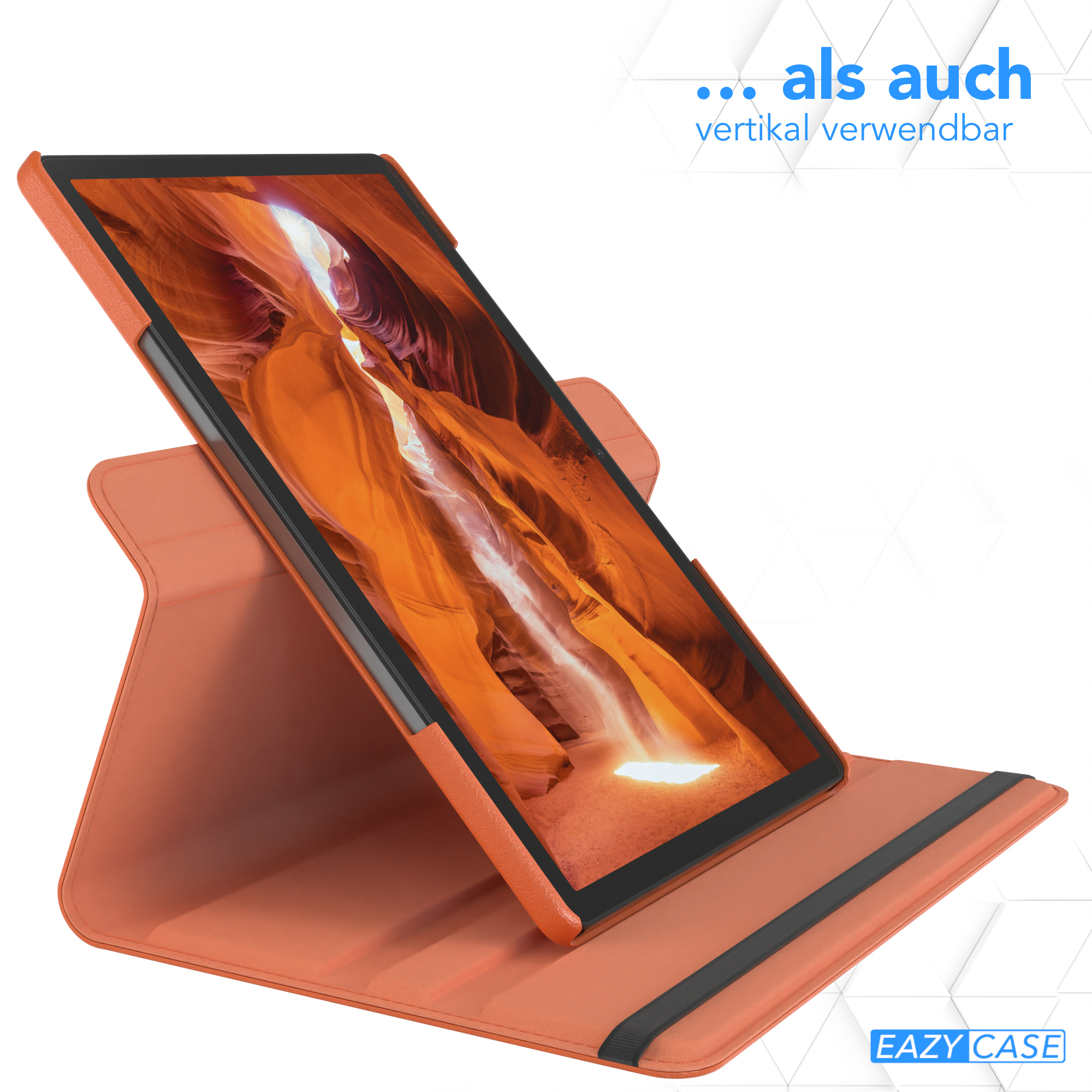 Orangene Tablethülle mit Tablet, vertikal verwendbar.
