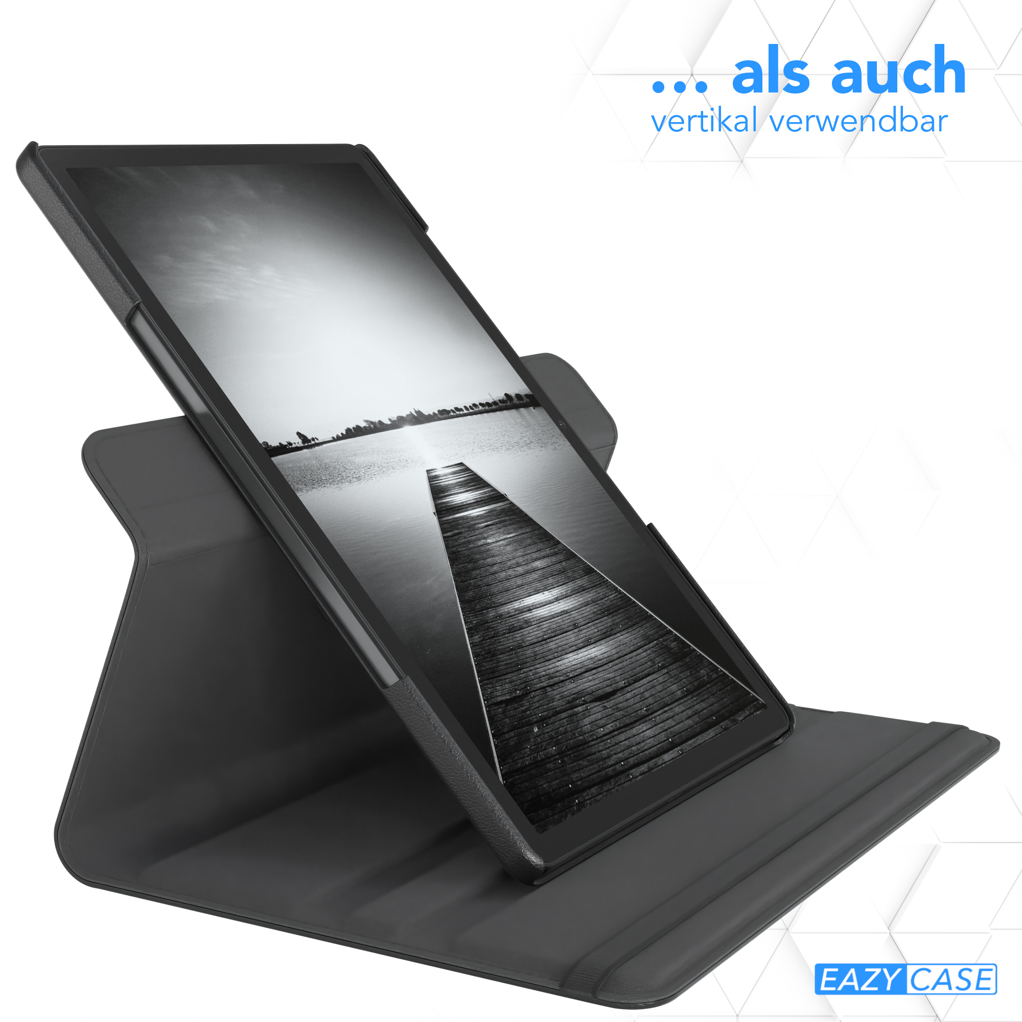Tablet in schwarzer Hülle, zeigt eine Anlegestelle über Wasser, nach oben geneigt.