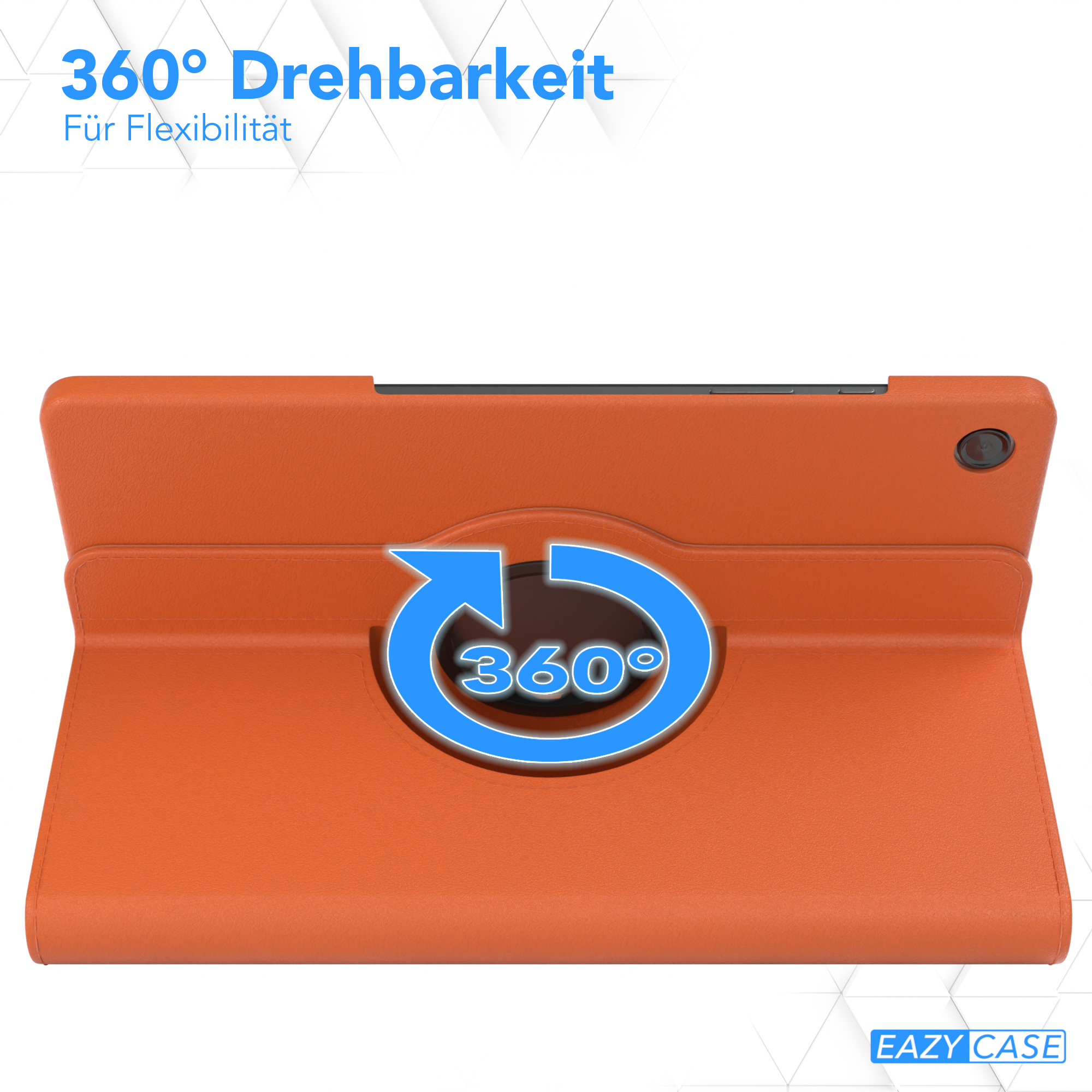 Eine orangefarbene Tablethülle mit einem Tablet darin. Sie hat eine 360-Grad-Drehfunktion.