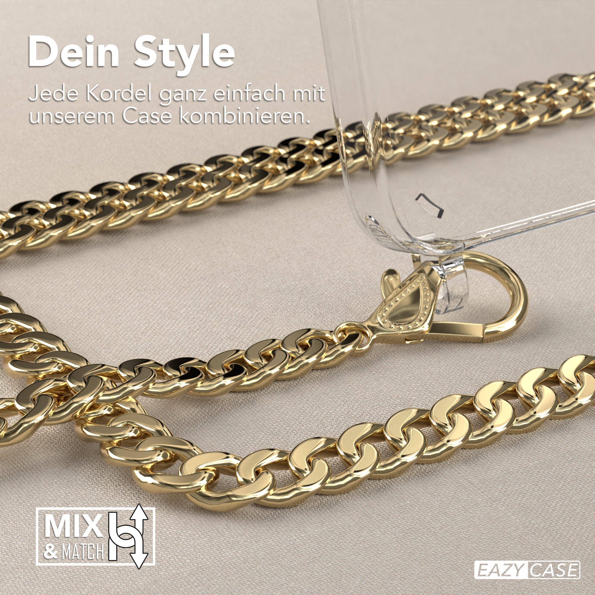 Eine goldene Kette mit einer transparenten Handyhülle mit goldenem Verschluss wird präsentiert.