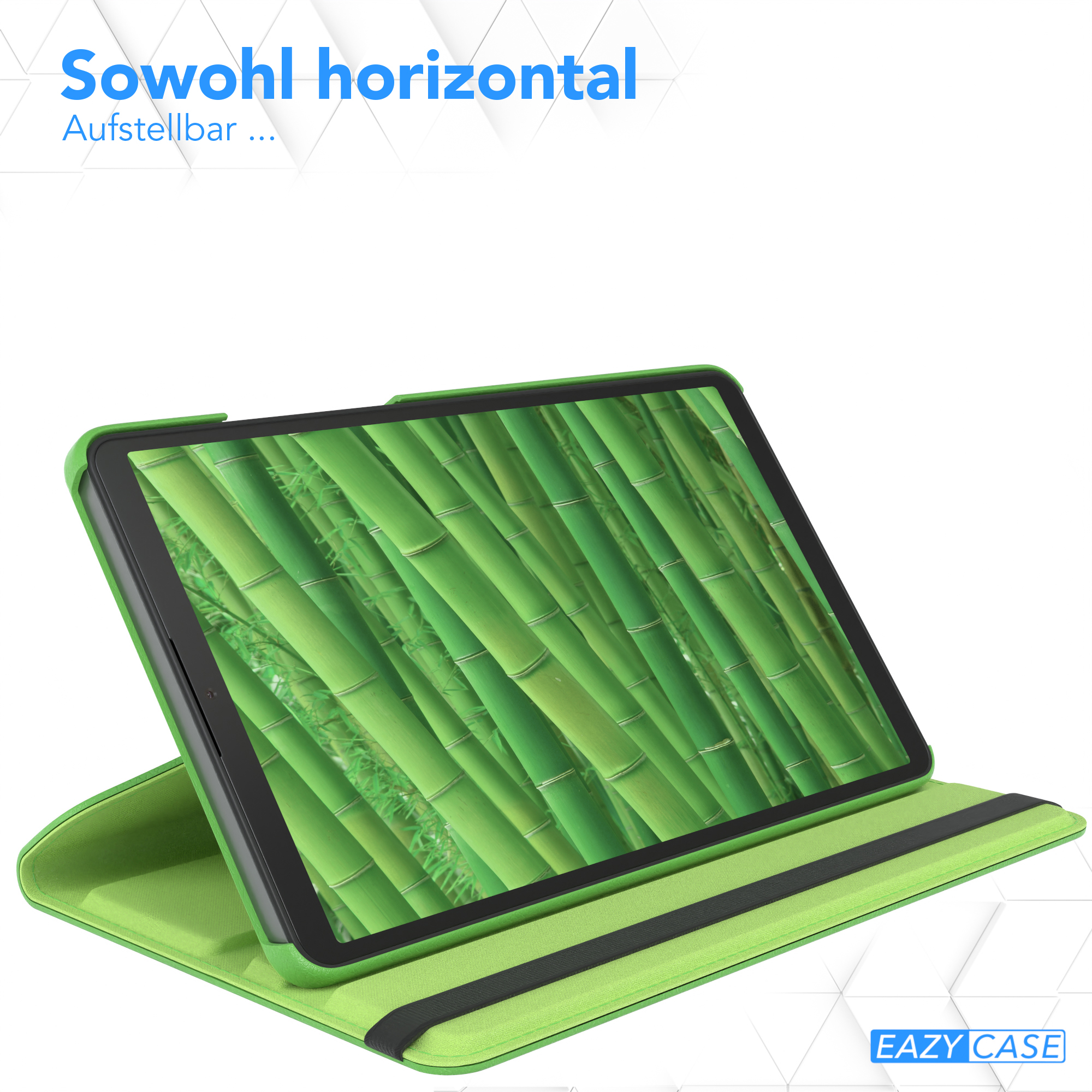 Ein Tablet mit grüner Hülle auf einem Ständer. Grüner Bambus-Hintergrund wird angezeigt.
