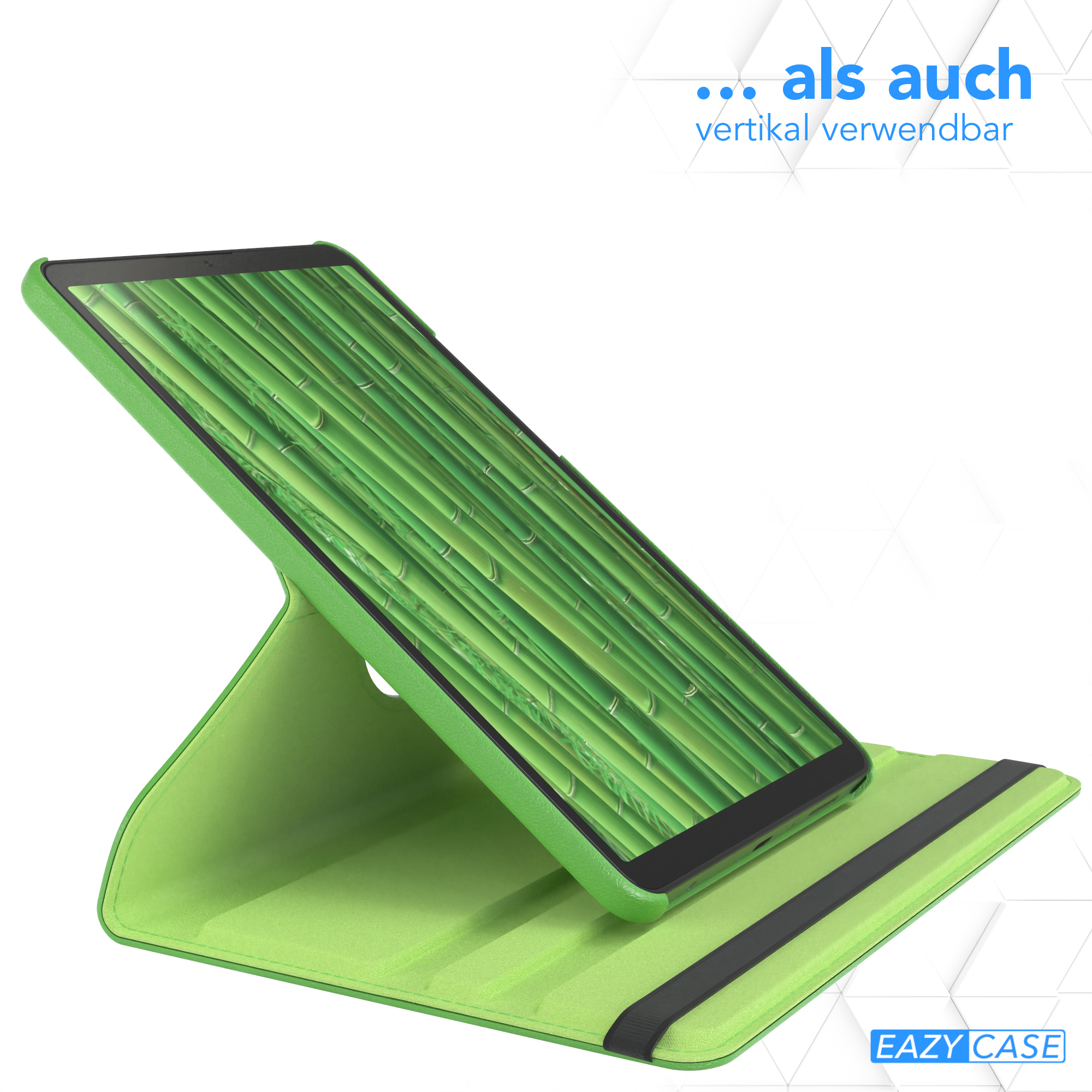 Eine grüne Tablethülle mit einem Tablet, das ein Bambusbild zeigt, in vertikaler Position.