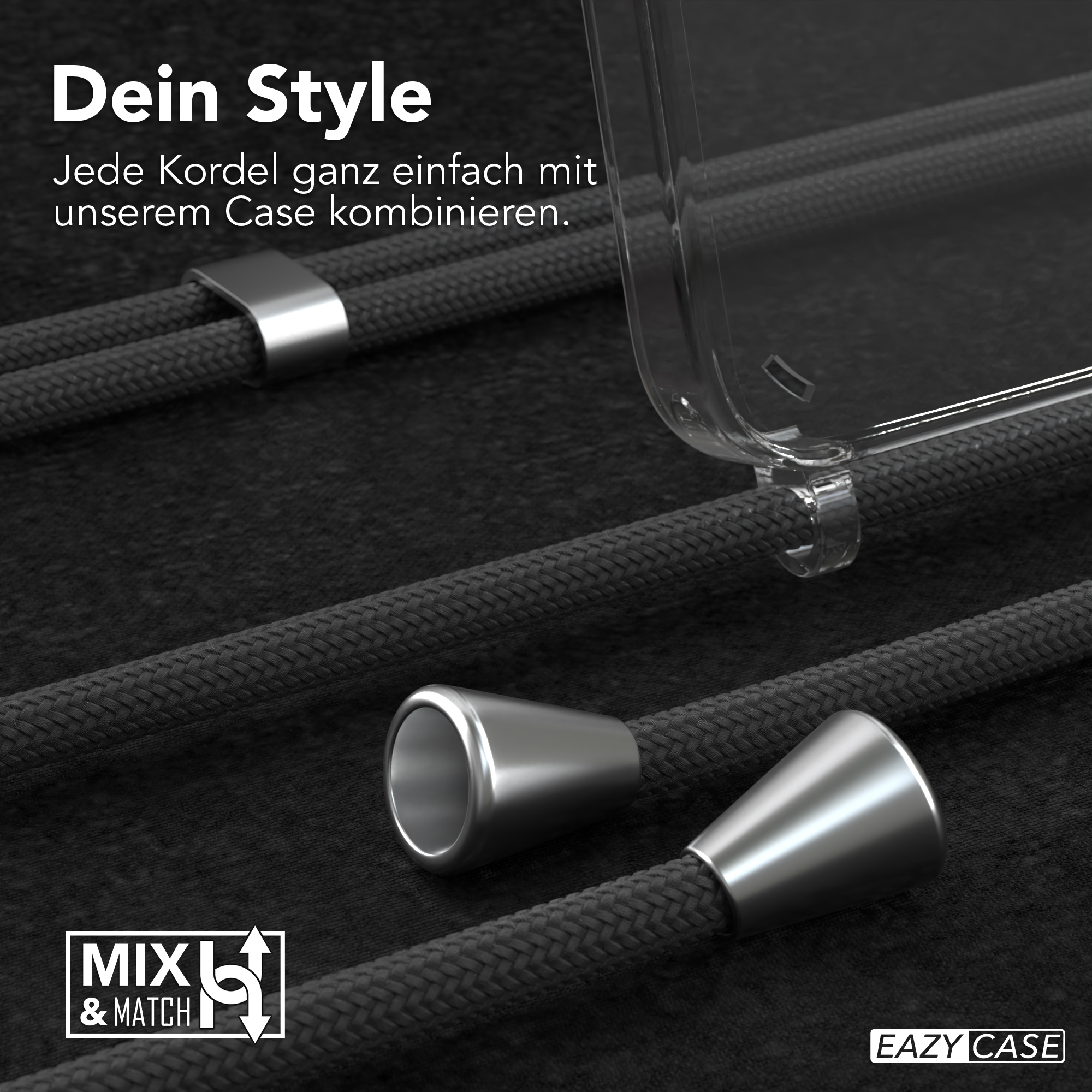 Schwarze Handykordeln mit silbernen Aufsätzen. Gehäuse mit Kordel gezeigt. Dunkler Hintergrund.