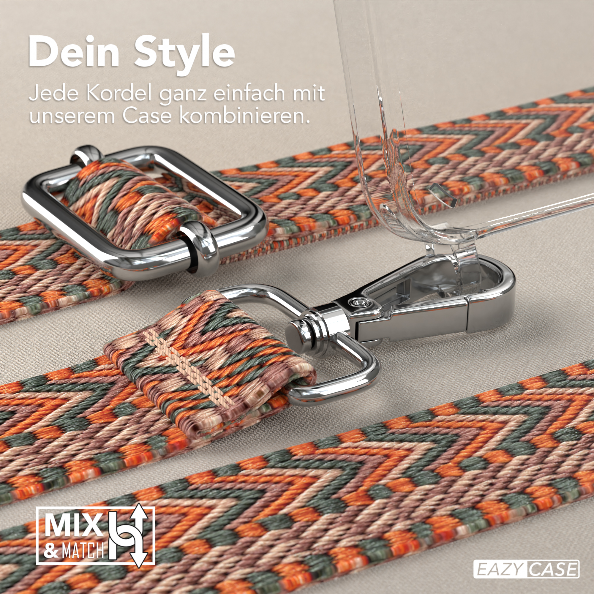 Nahaufnahme von Telefonriemen und Hülle mit dem Text 'Dein Style'.