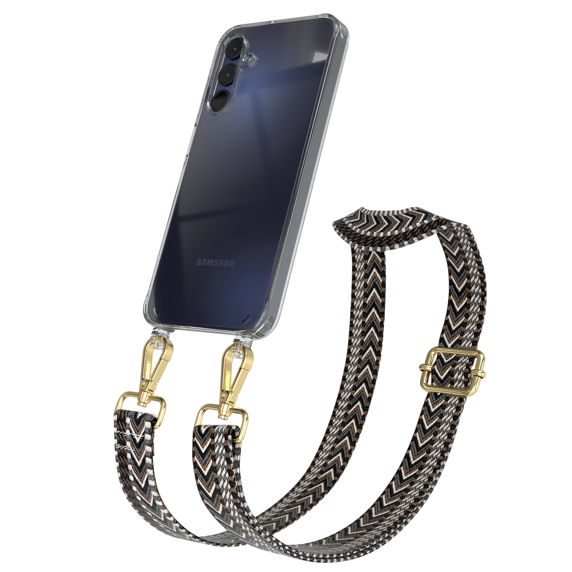 Transparente Handyhülle mit schwarzem Telefon und gemustertem Riemen mit goldenen Verschlüssen.