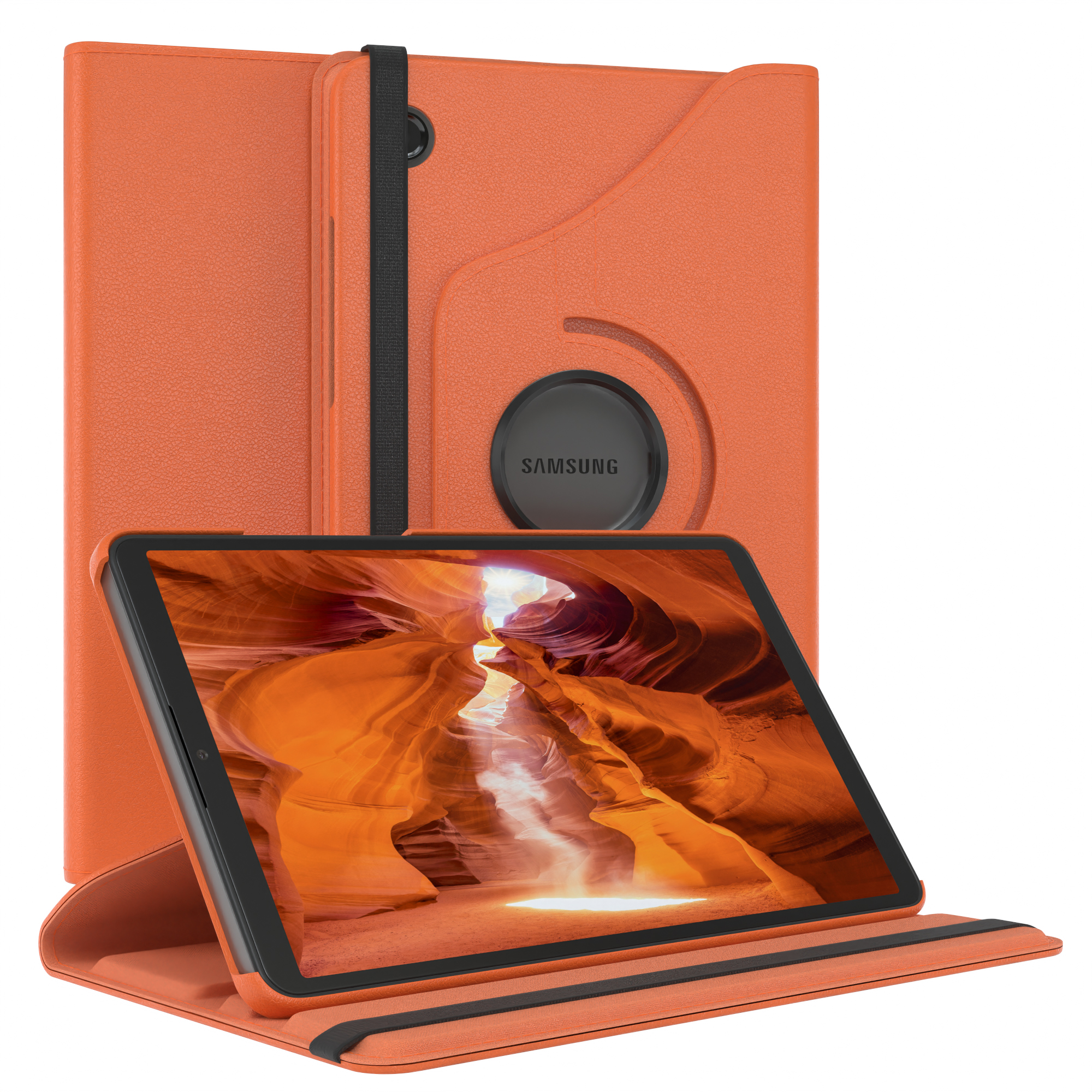 Orange Tablet-Hülle, schwarzes Gummiband und ein Tablet, das einen orangefarbenen Canyon zeigt.