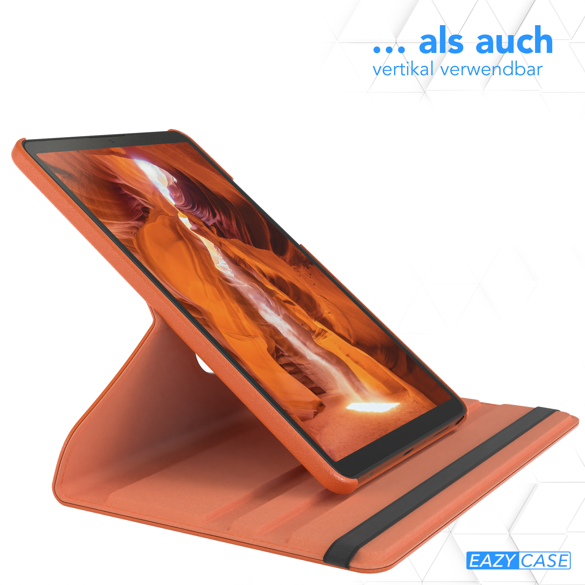 Tablet in einer orangen Hülle, zum Betrachten aufgestellt.