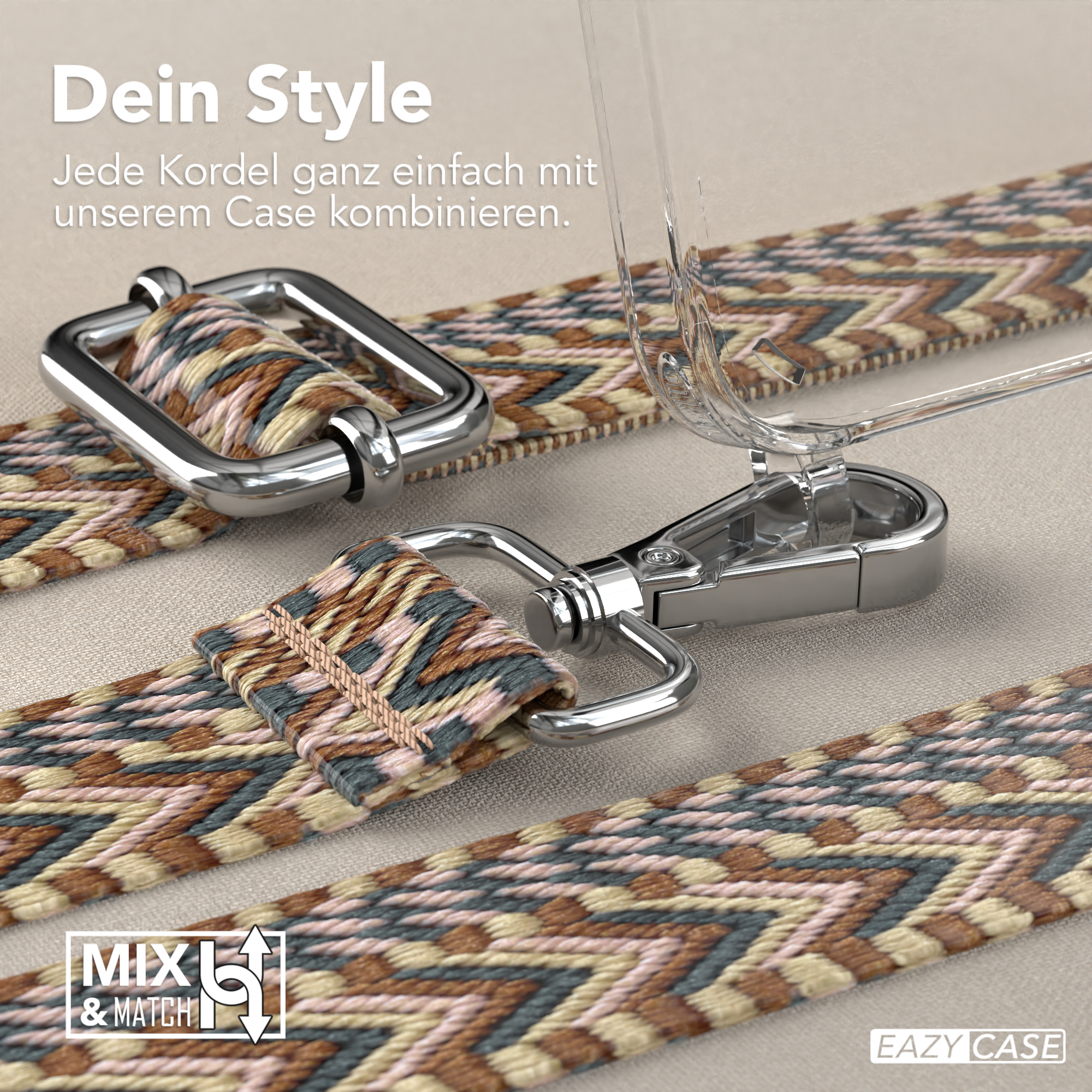 Nahaufnahme von Handyhüllenriemen mit verschiedenen Mustern und Metallschnallen, Mix & Match Logo.