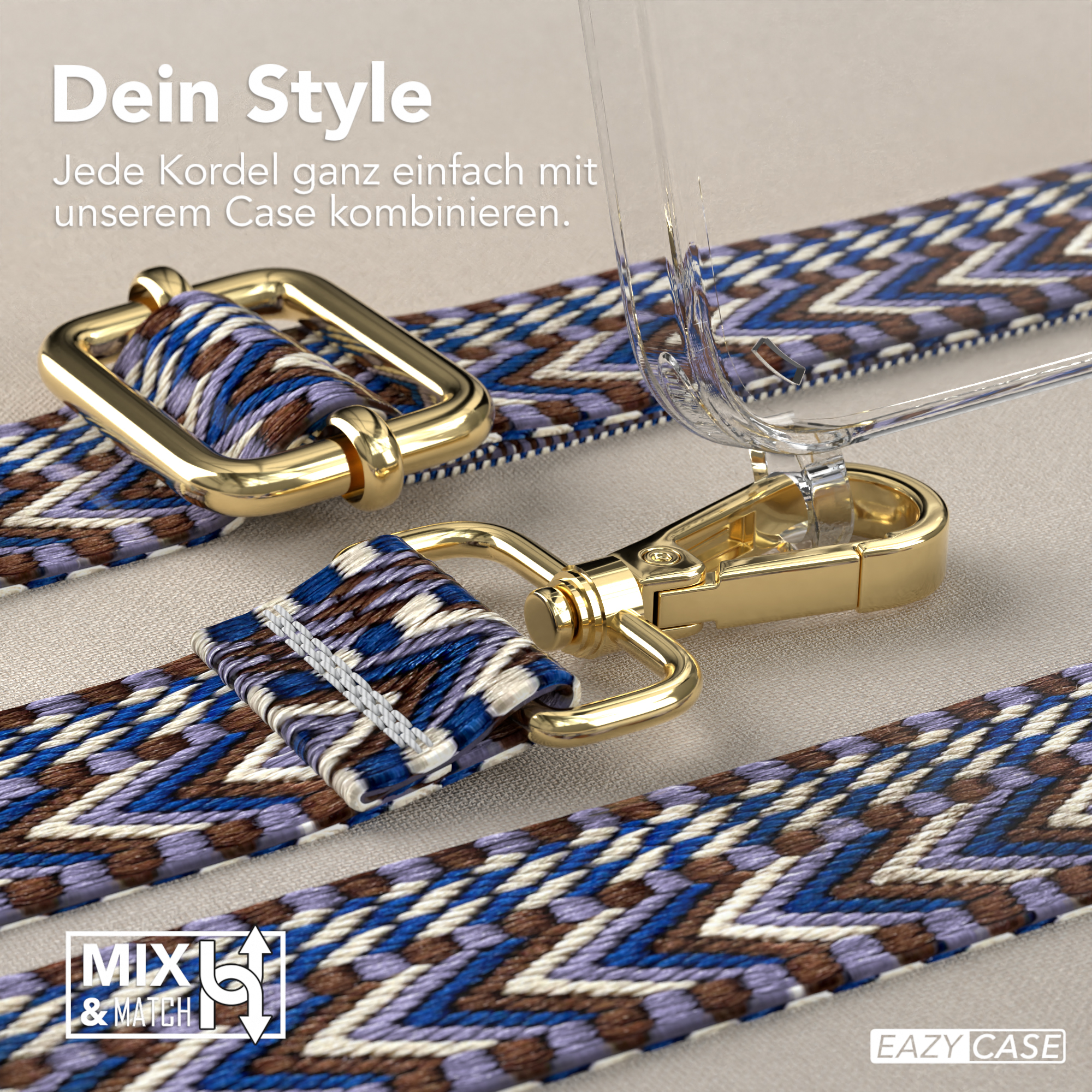 Nahaufnahme eines geflochtenen Riemens mit goldener Hardware, die an einer transparenten Handyhülle befestigt ist. Text: Dein Style.