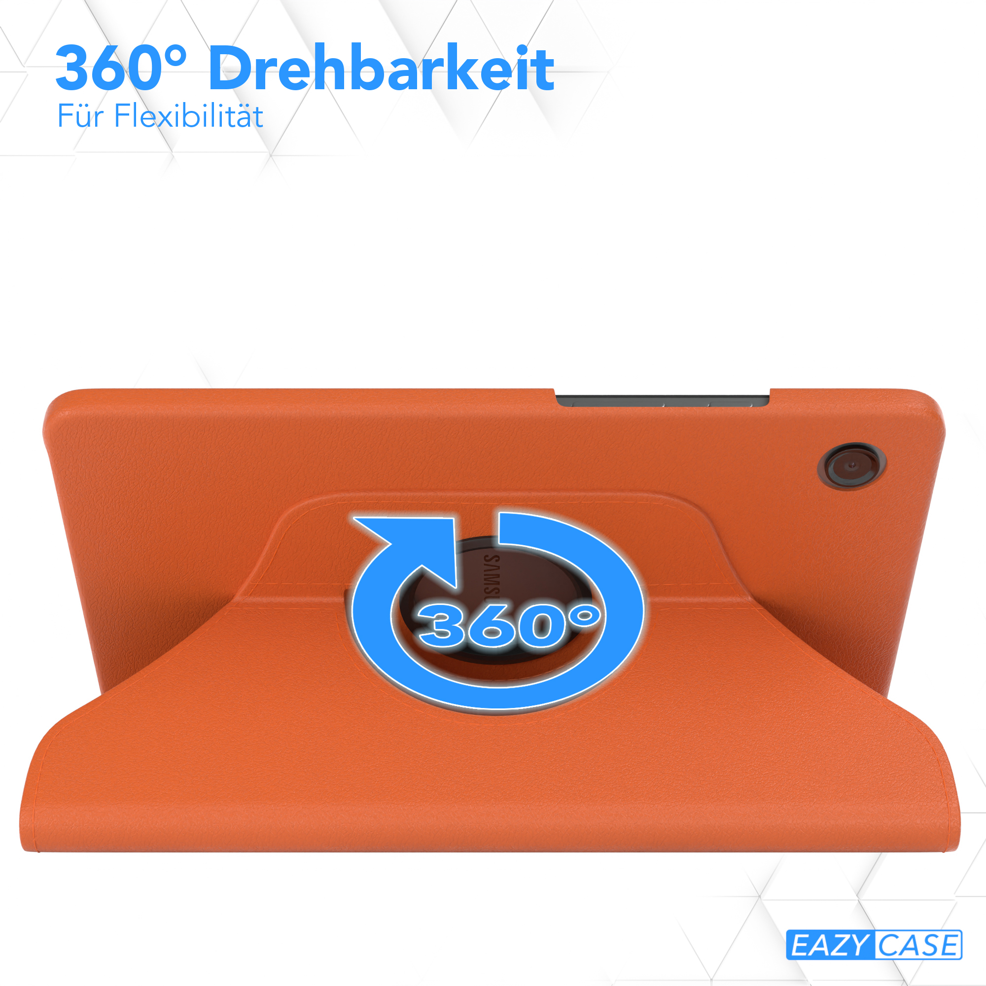 Orangene Tablet-Hülle. Tablet in Hülle, mit 360-Grad-Drehfunktion. EAZY CASE Logo.