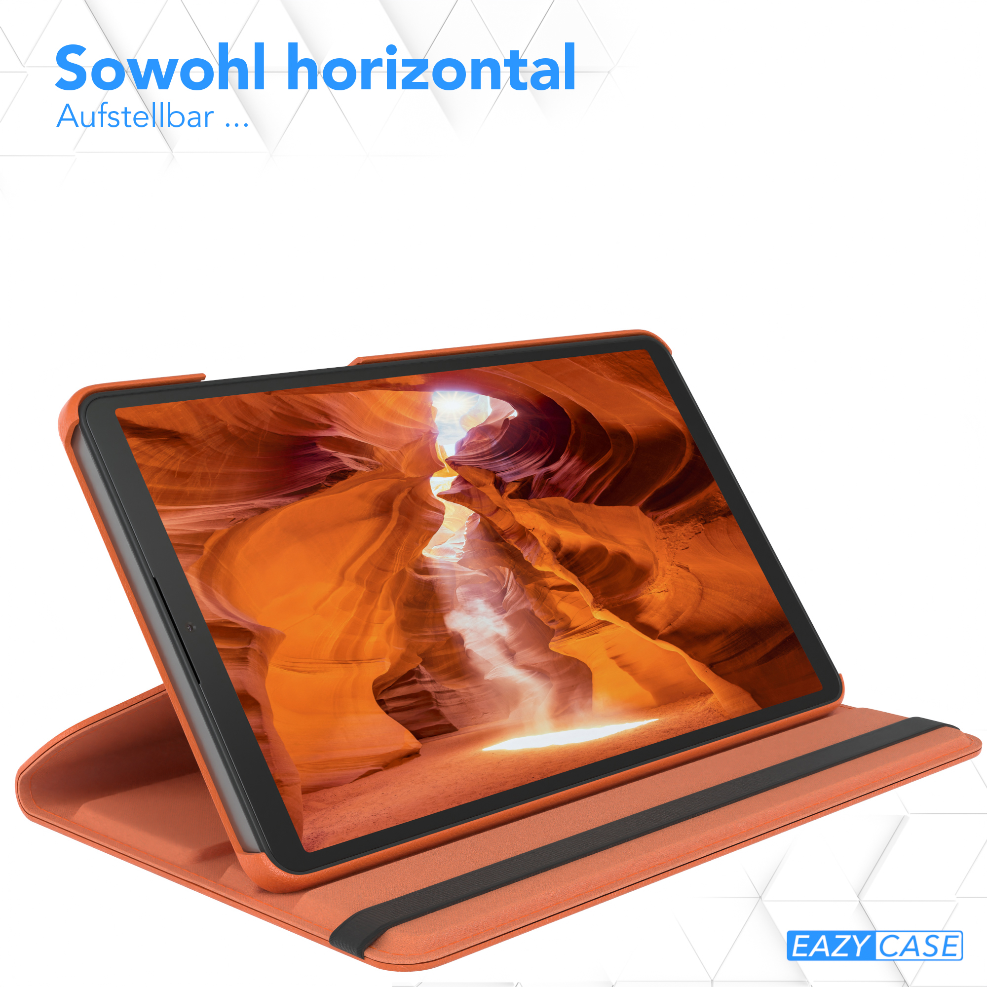 Ein Tablet mit orangefarbener Hülle, offen und stehend. Zeigt eine Canyon-Szene auf dem Bildschirm.