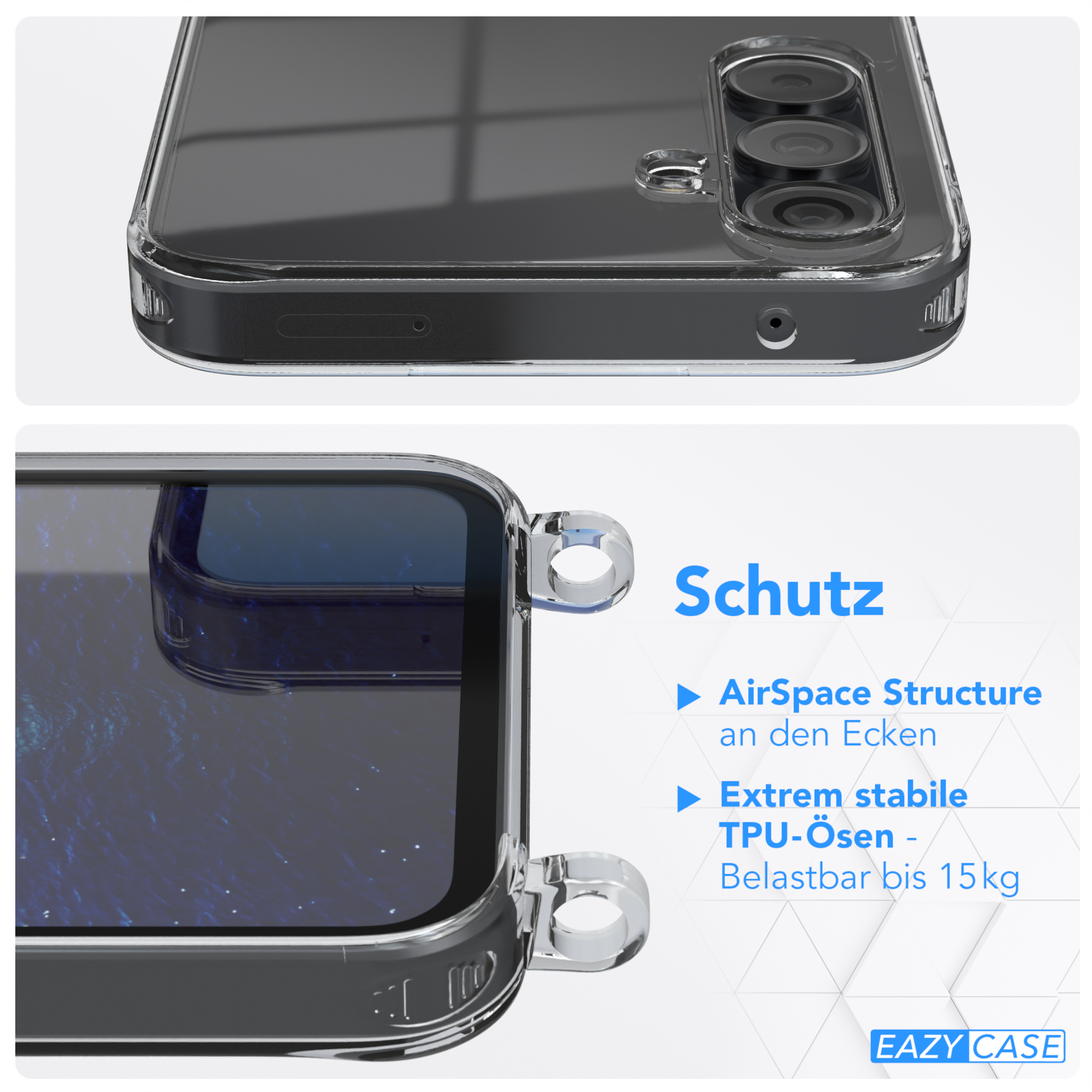 Handyhülle mit transparentem Design. Der Text lautet Schutz und AirSpace Structure.
