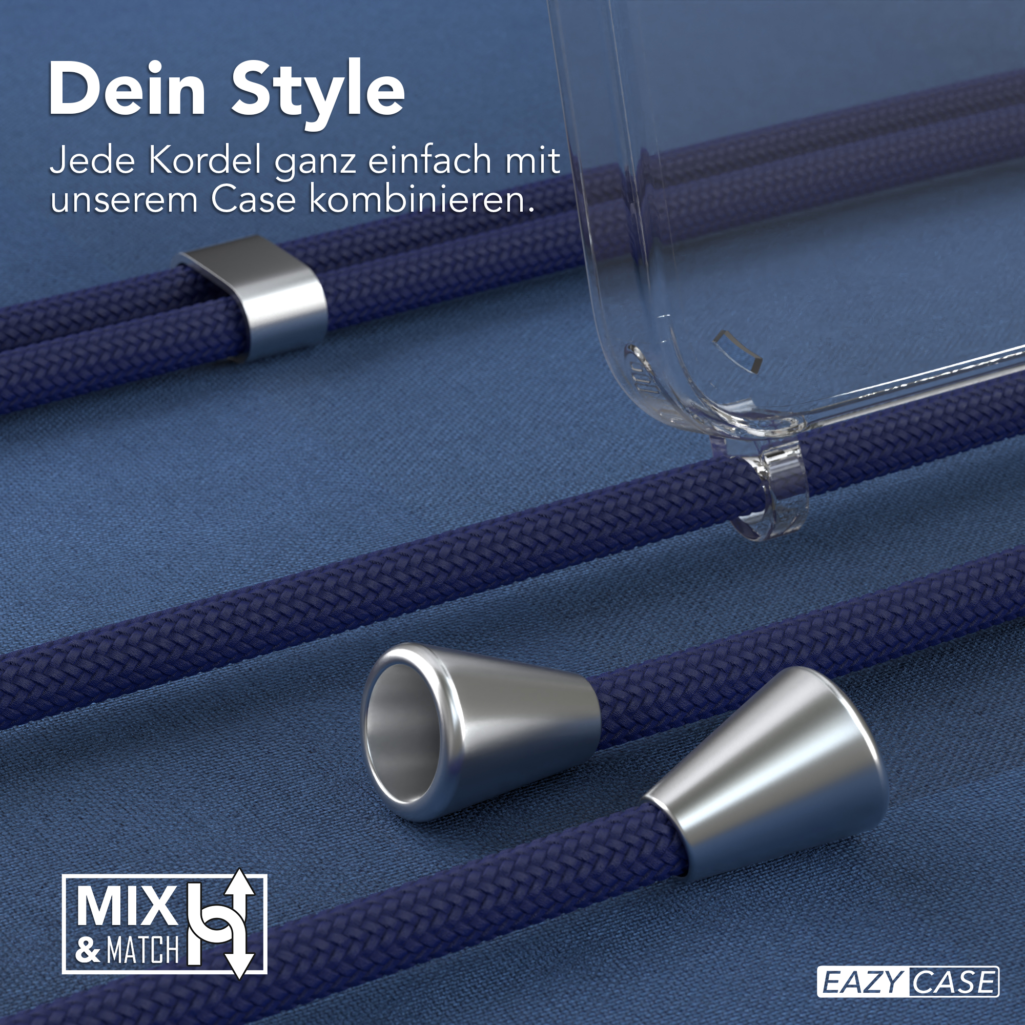 Nahaufnahme einer Handyhülle mit blauem Seil und Metallbefestigungen, mit Text 'Dein Style' und 'Mix & Match'.