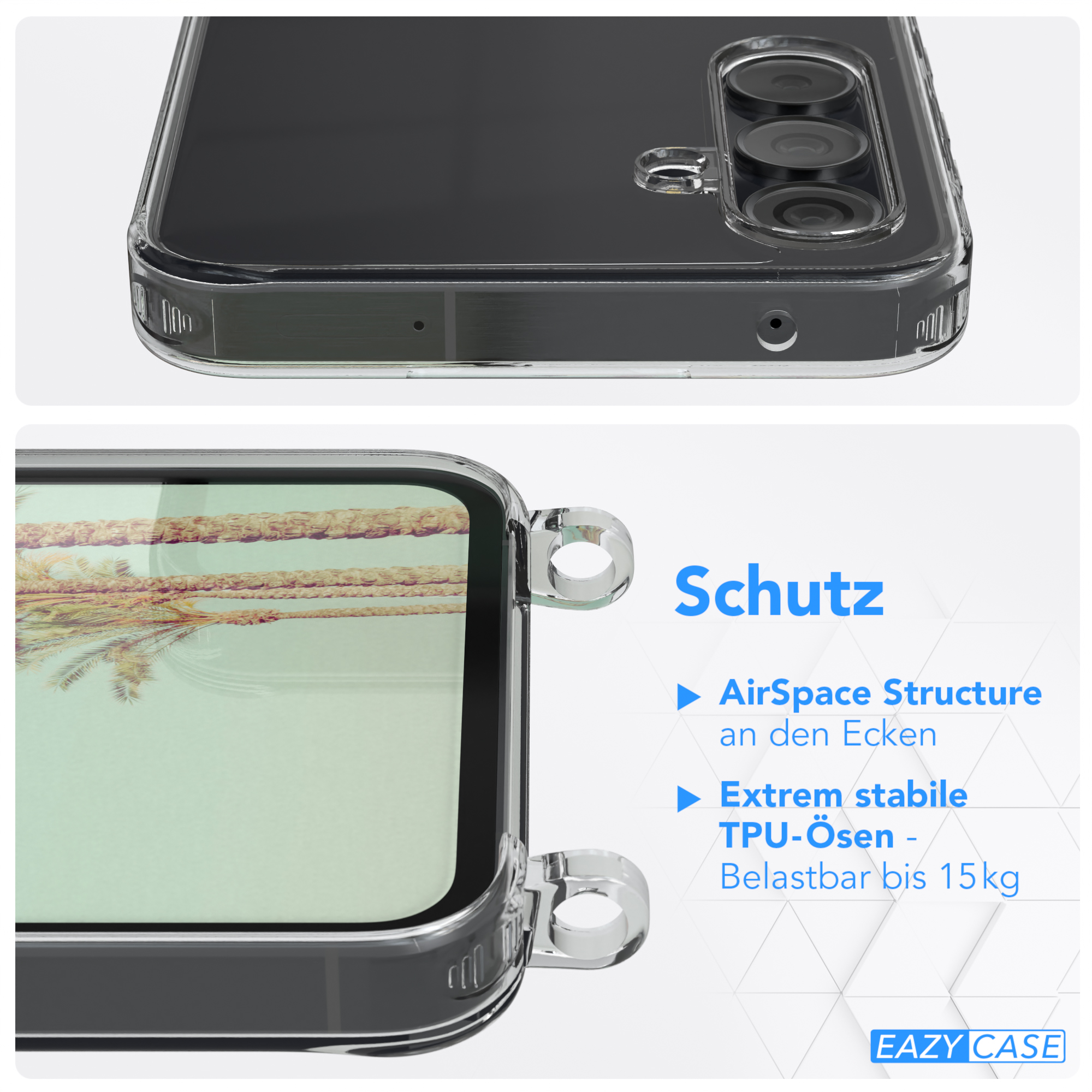 Transparente Handyhülle auf weißem Grund, Nahaufnahme. Top- und Seitenansicht zeigen Details von Telefon und Hülle.