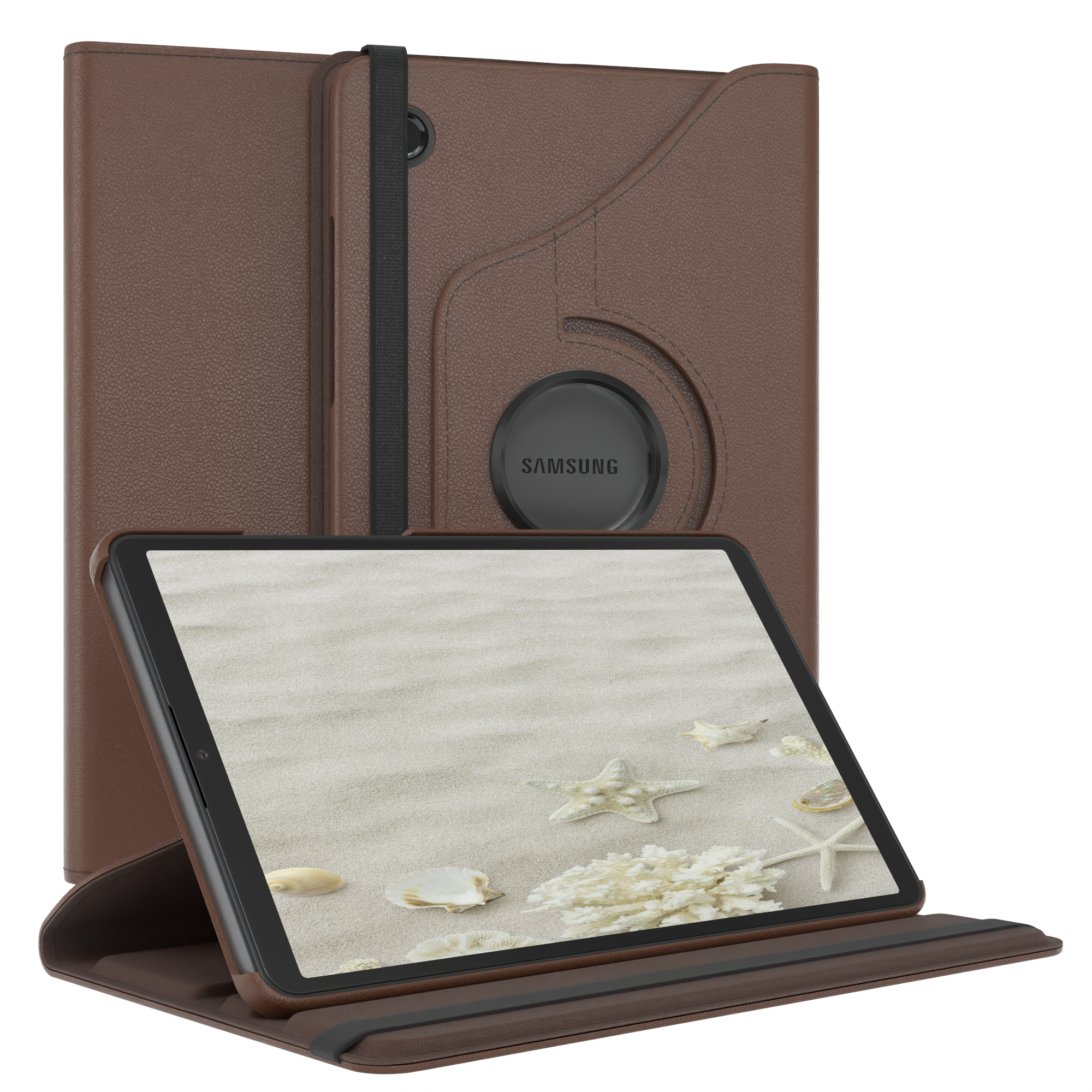 Braunes Tablet in einer Hülle. Der Bildschirm zeigt einen Strand mit Seesternen und Muscheln. Die Hülle ist offen.