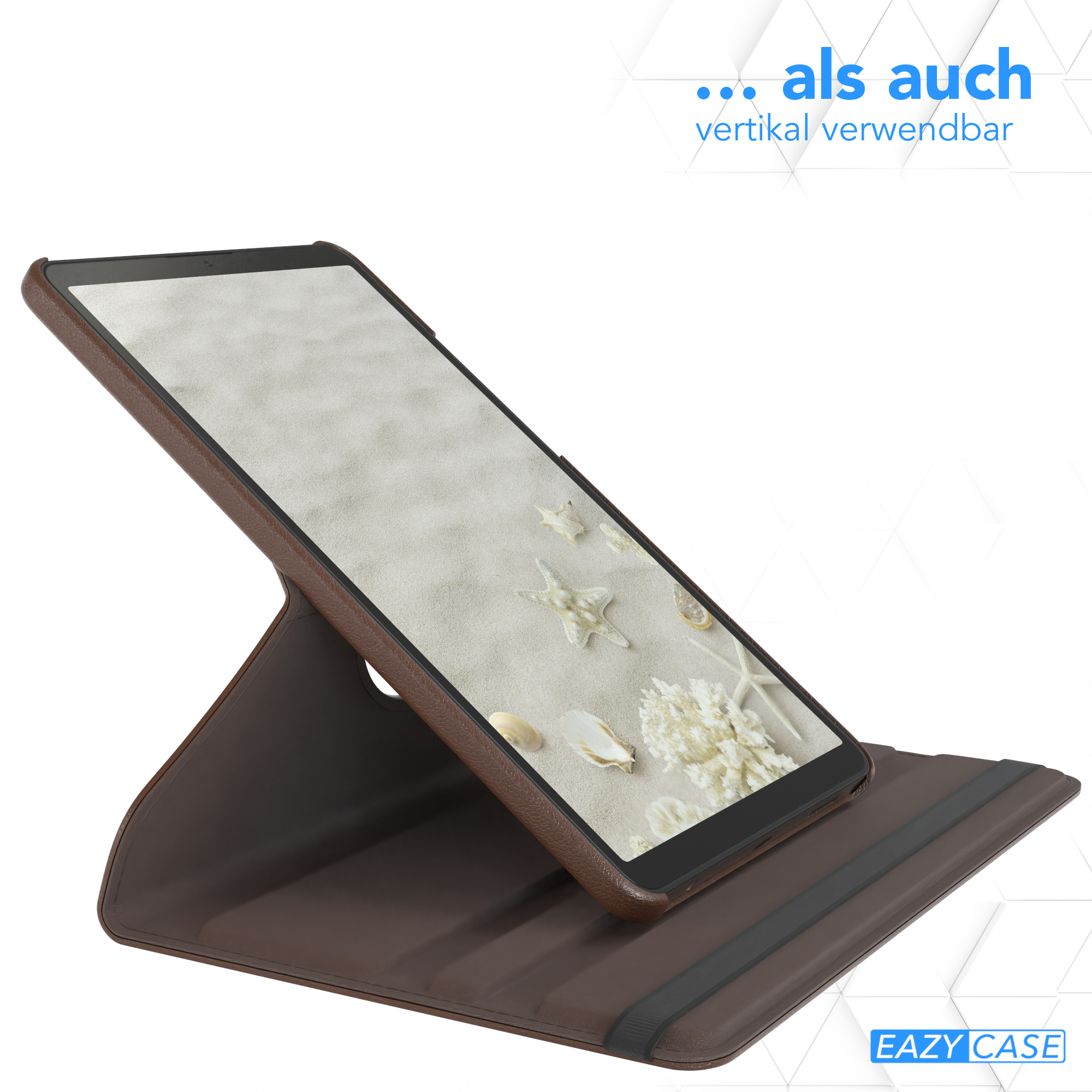 Ein Telefon in einer braunen Hülle, aufgestellt. Eine weiße Strandszene wird auf dem Bildschirm angezeigt.