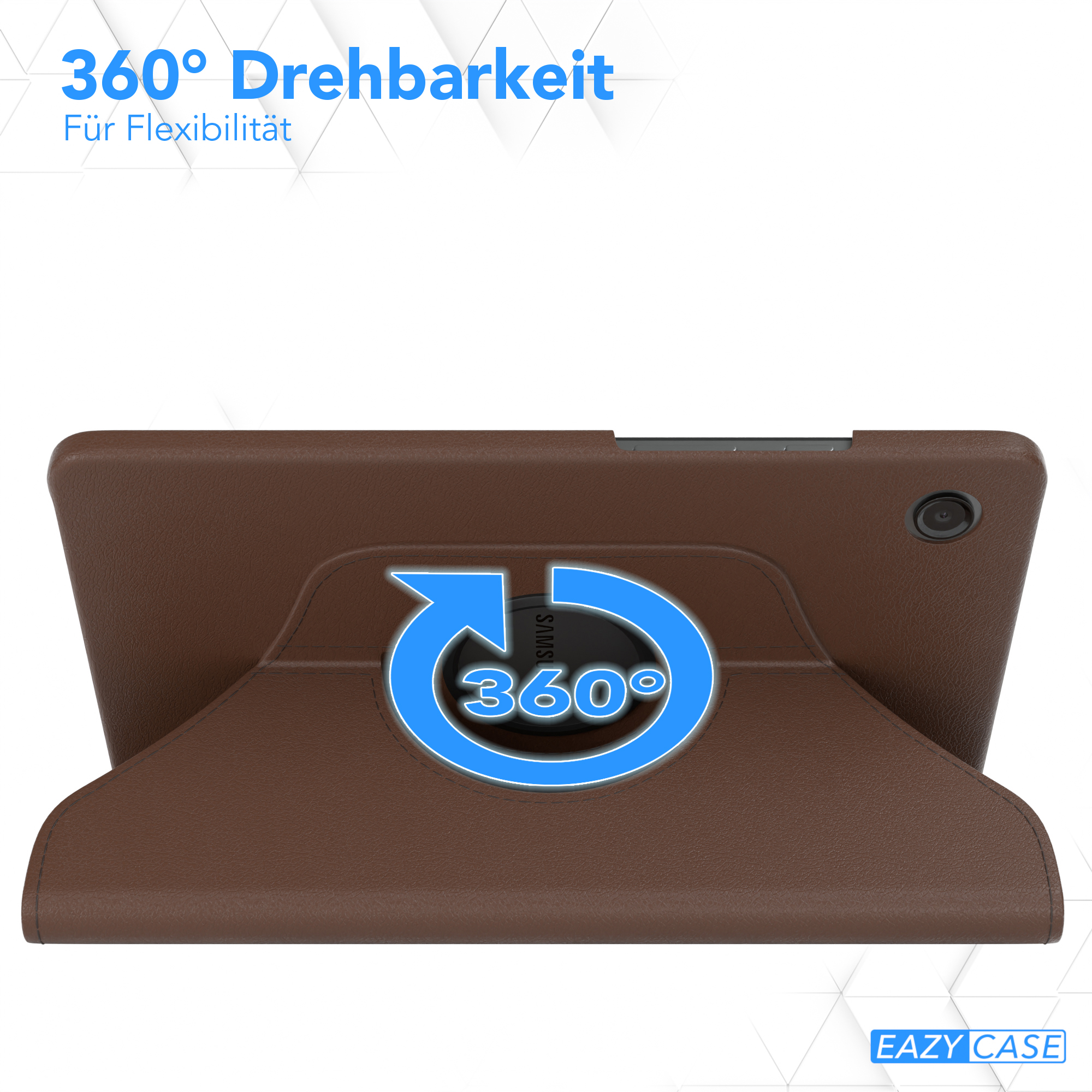 Eine braune Tablet-Hülle mit einem Tablet darin und ein 360°-Drehsymbol.