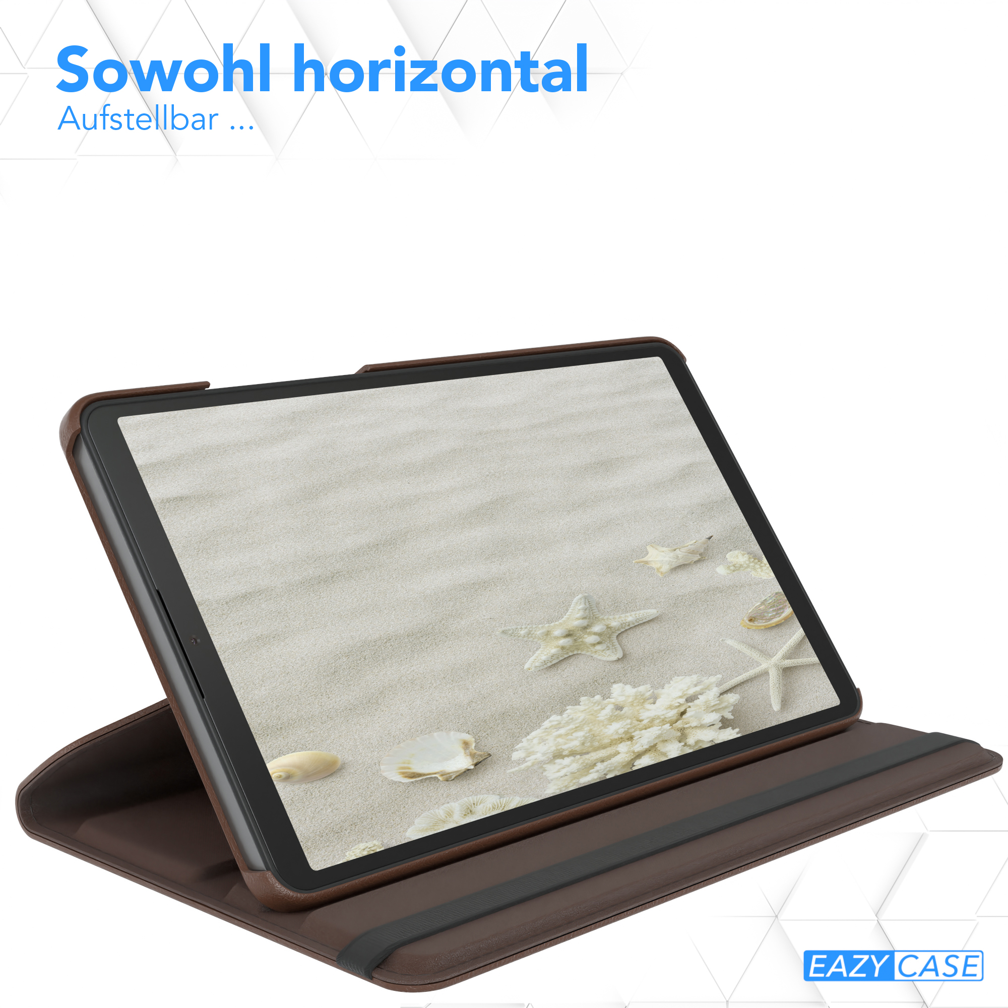 Tablet in brauner Hülle. Bildschirm zeigt Strand mit Seesternen. Text sagt 'Sowohl horizontal'.