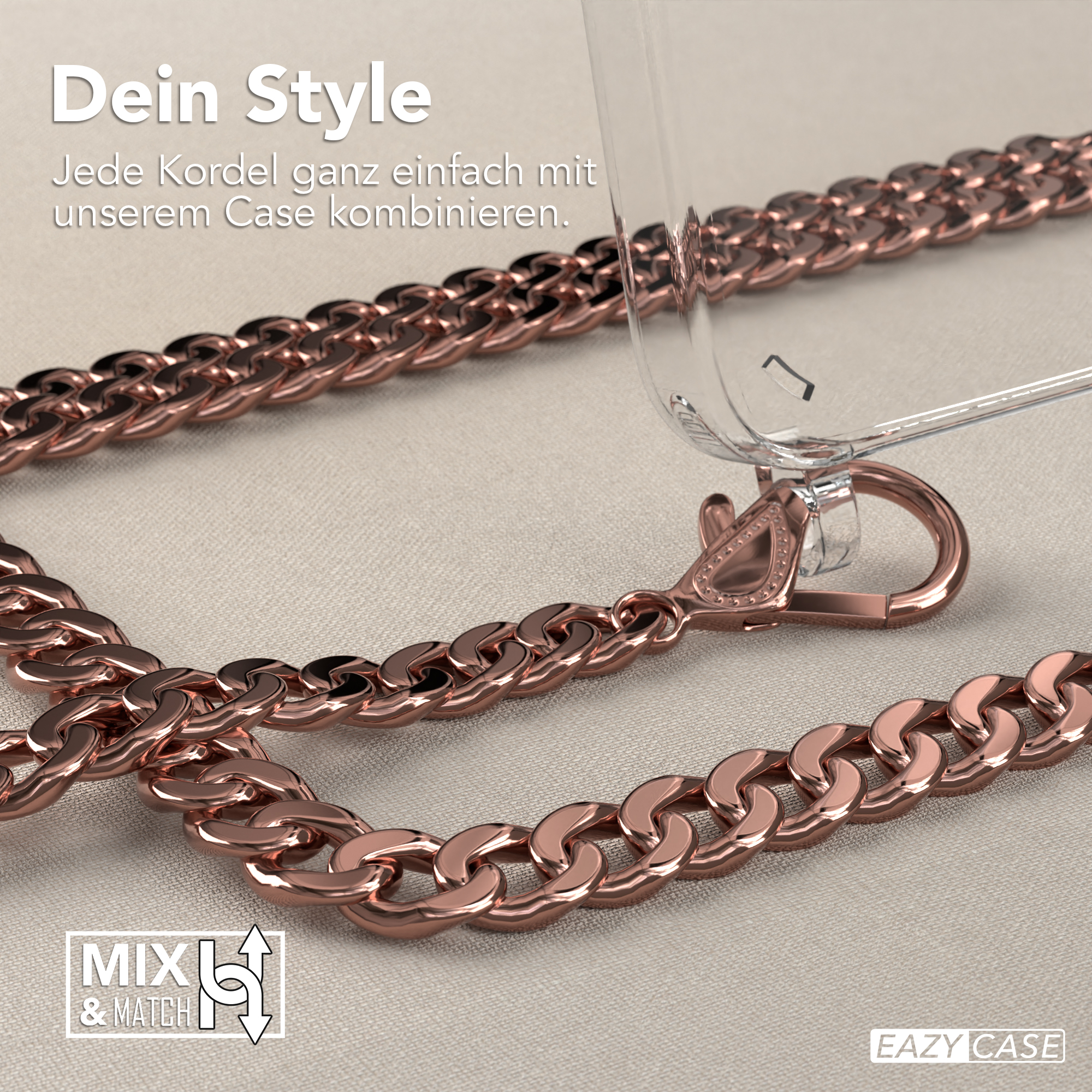 Transparente Handyhülle mit bronzefarbener Kette. Text 'Dein Style' und 'Mix & Match' mit 'Eazy Case' Logo.