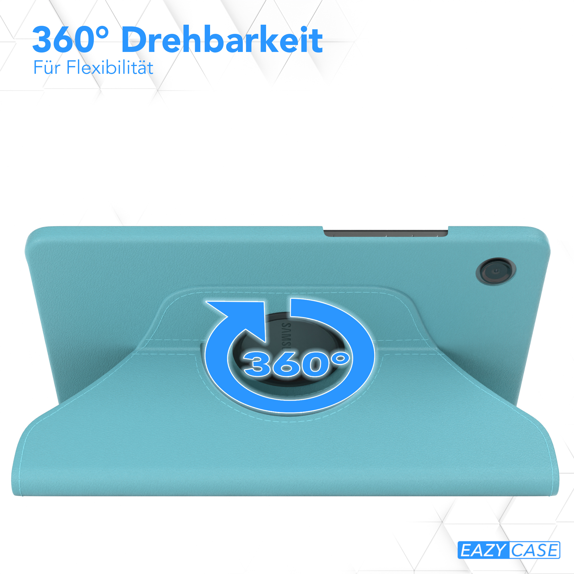 Eine blaue Tablethülle mit einem um 360 Grad drehbaren Ständer.