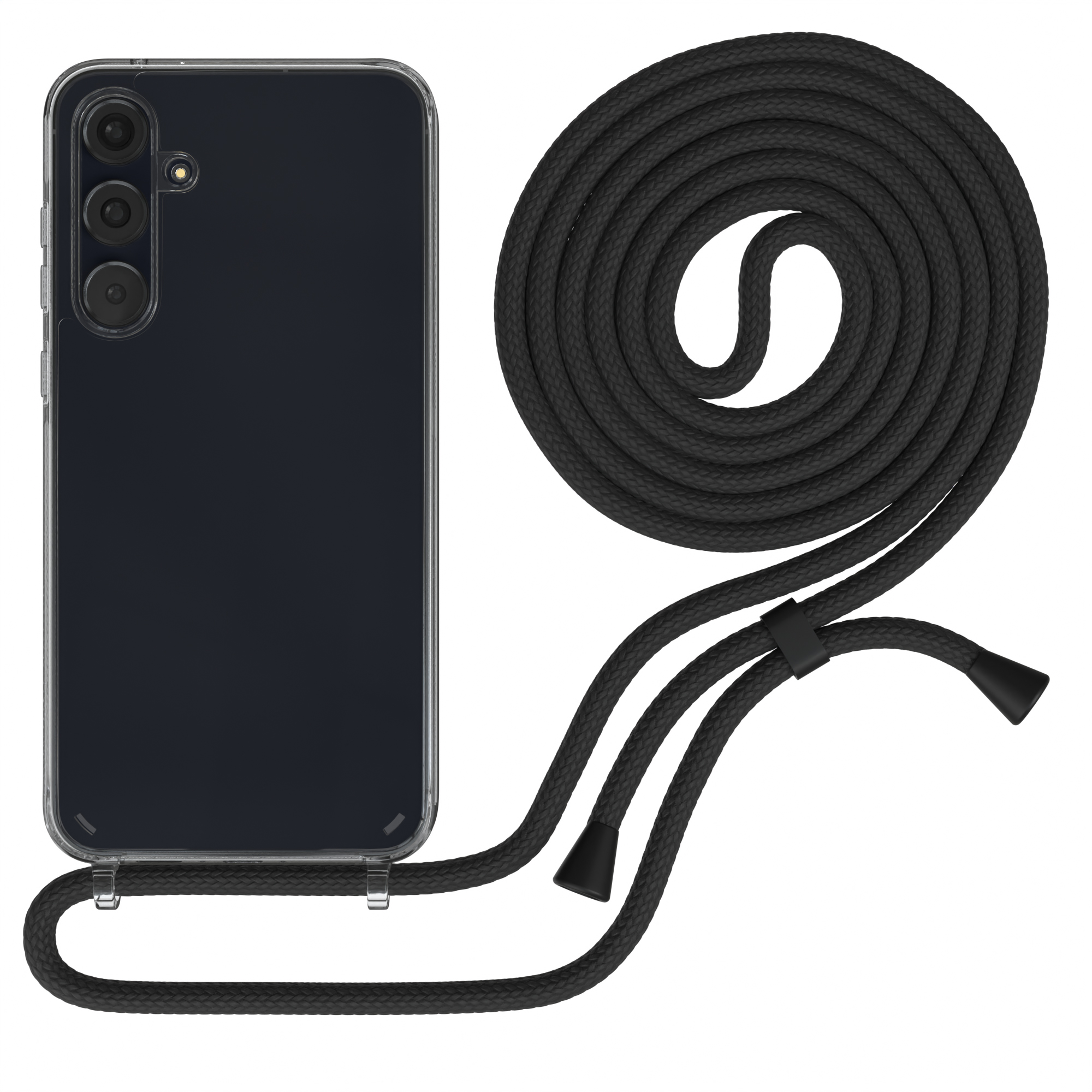 Schwarzes Telefon mit einem schwarzen Gurt befestigt. Der Gurt ist aufgerollt.