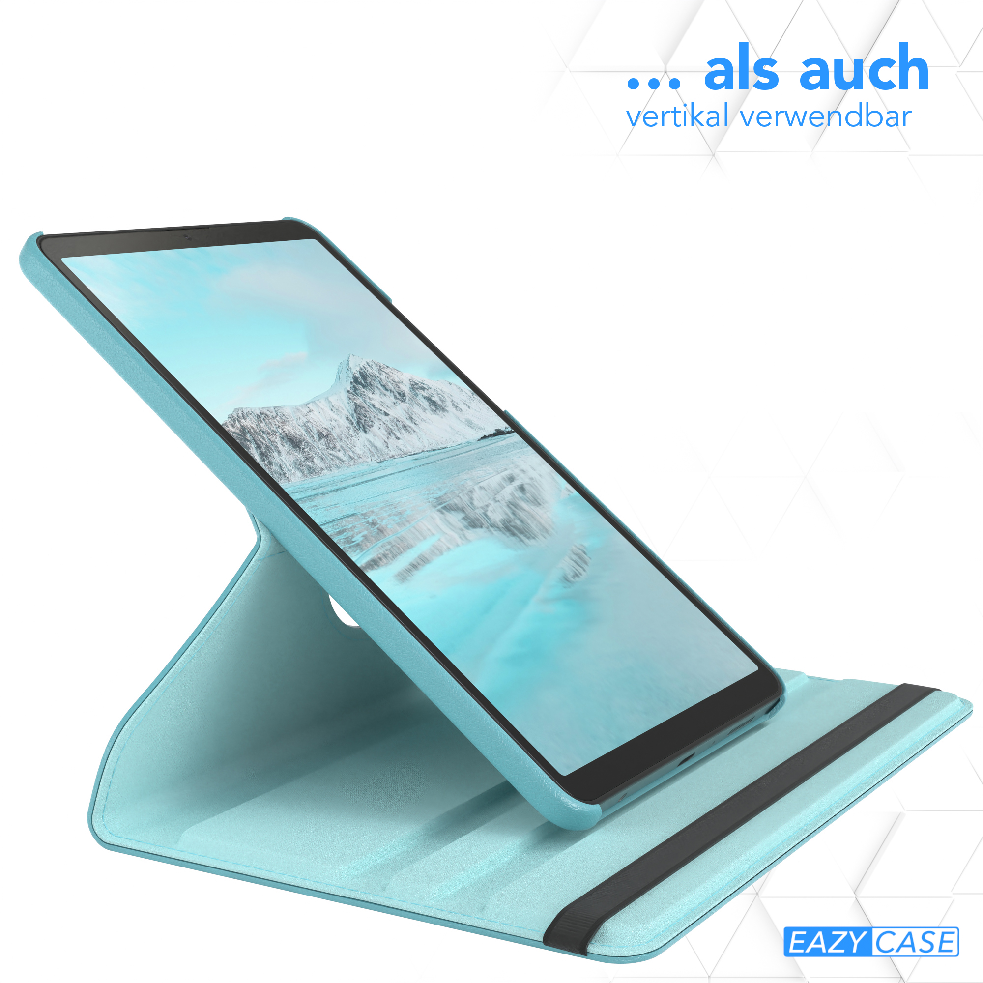 Tablet in blauem Gehäuse, geneigt, zeigt ein Landschaftsbild, auf weißem Hintergrund.