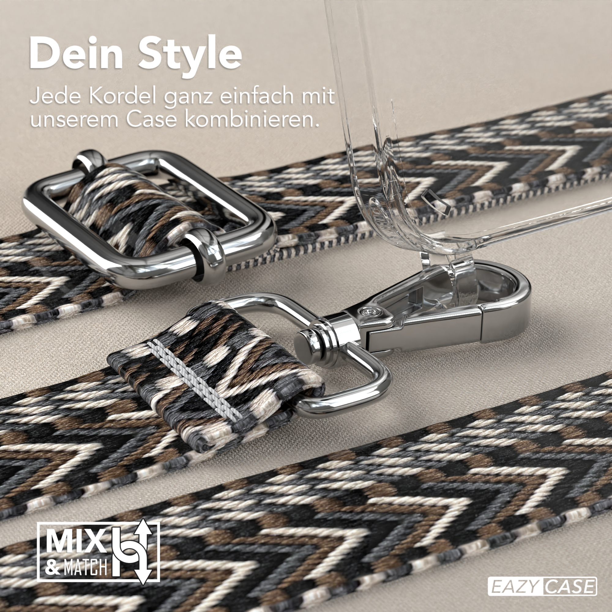 Transparente Handyhülle mit Band. Bänder sind in Schwarz, Weiß und Braun gemustert. Silberne Metallbeschläge.