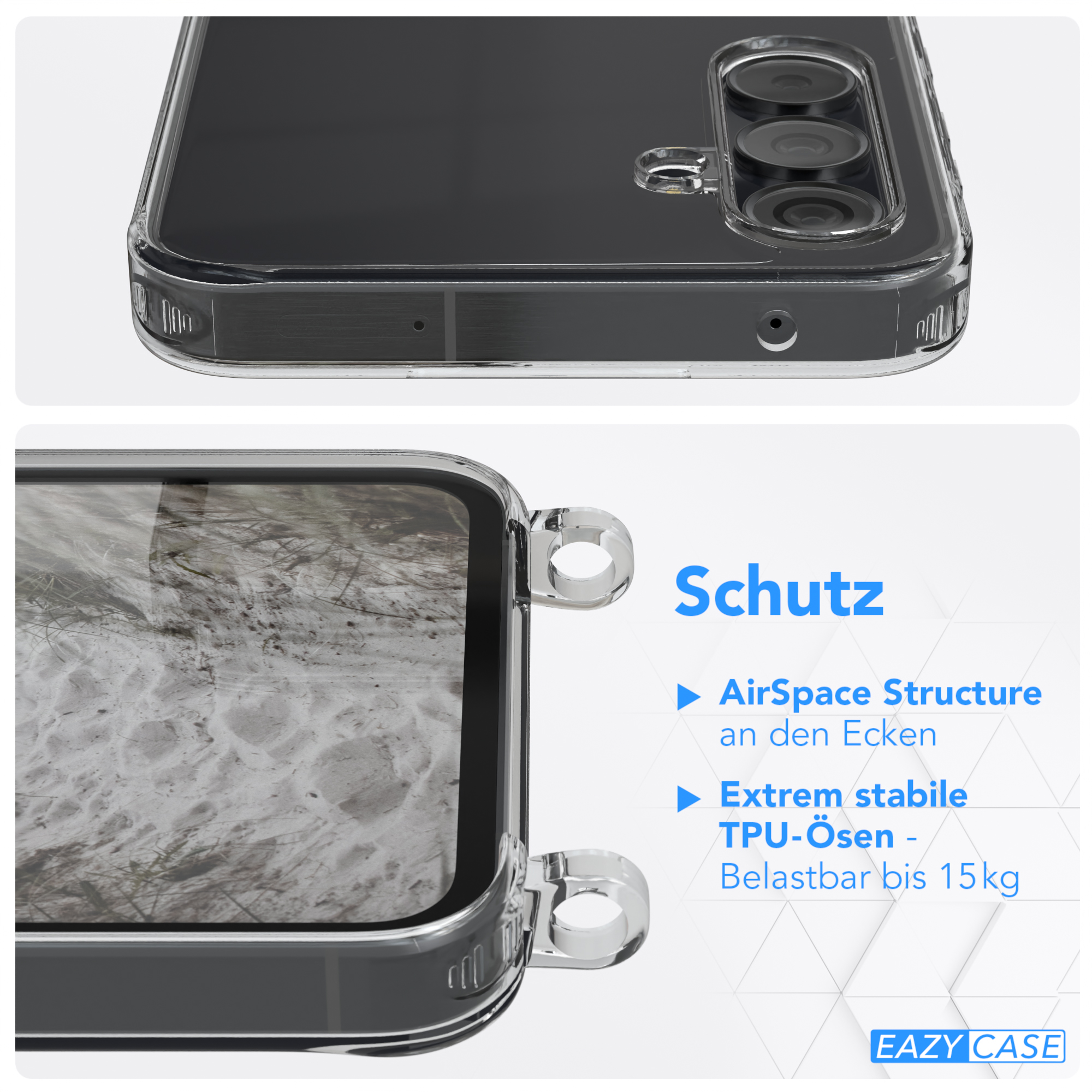 Transparente Handyhülle mit Schutzfunktionen. Nahaufnahme von Telefon und Hülle.