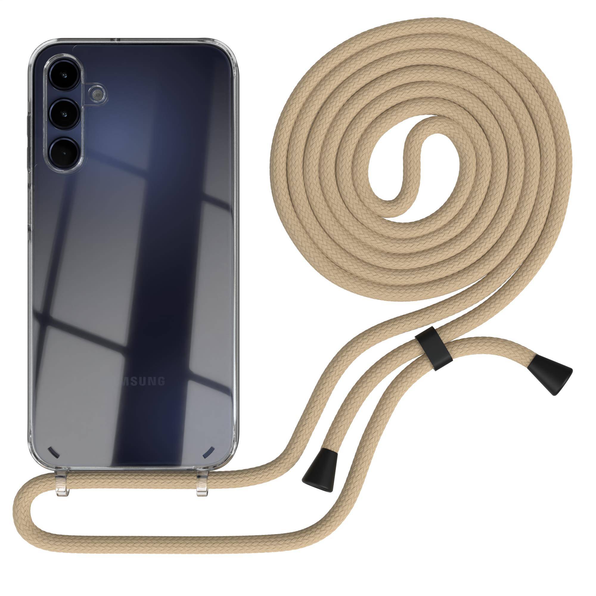 Handyhülle mit beigem Seil. Transparente Hülle mit Handy. Seil ist beige und geschlungen.