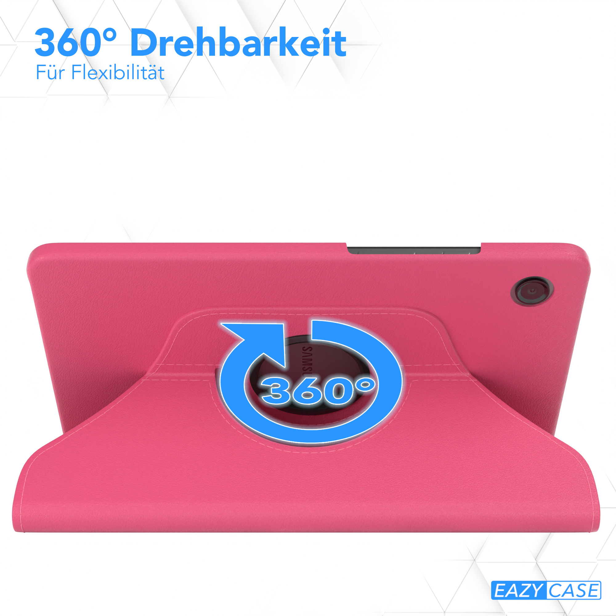 Pinkes Tablett-Case mit drehbarem Ständer. Der Ständer hat eine 360-Grad-Drehbarkeit.
