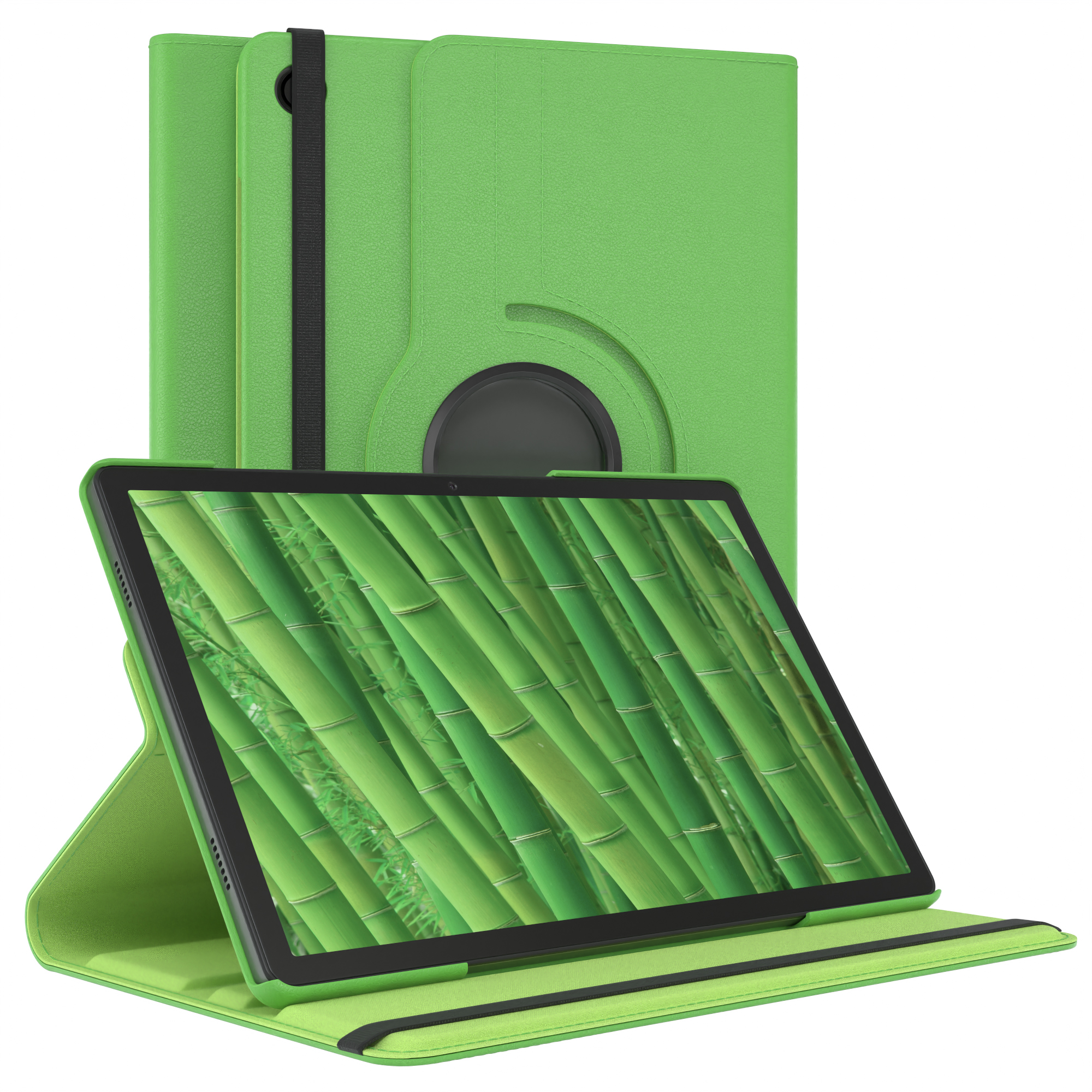 Eine grüne Tablethülle in zwei Teilen, mit einem Tablet, das Bambusgrafiken anzeigt.
