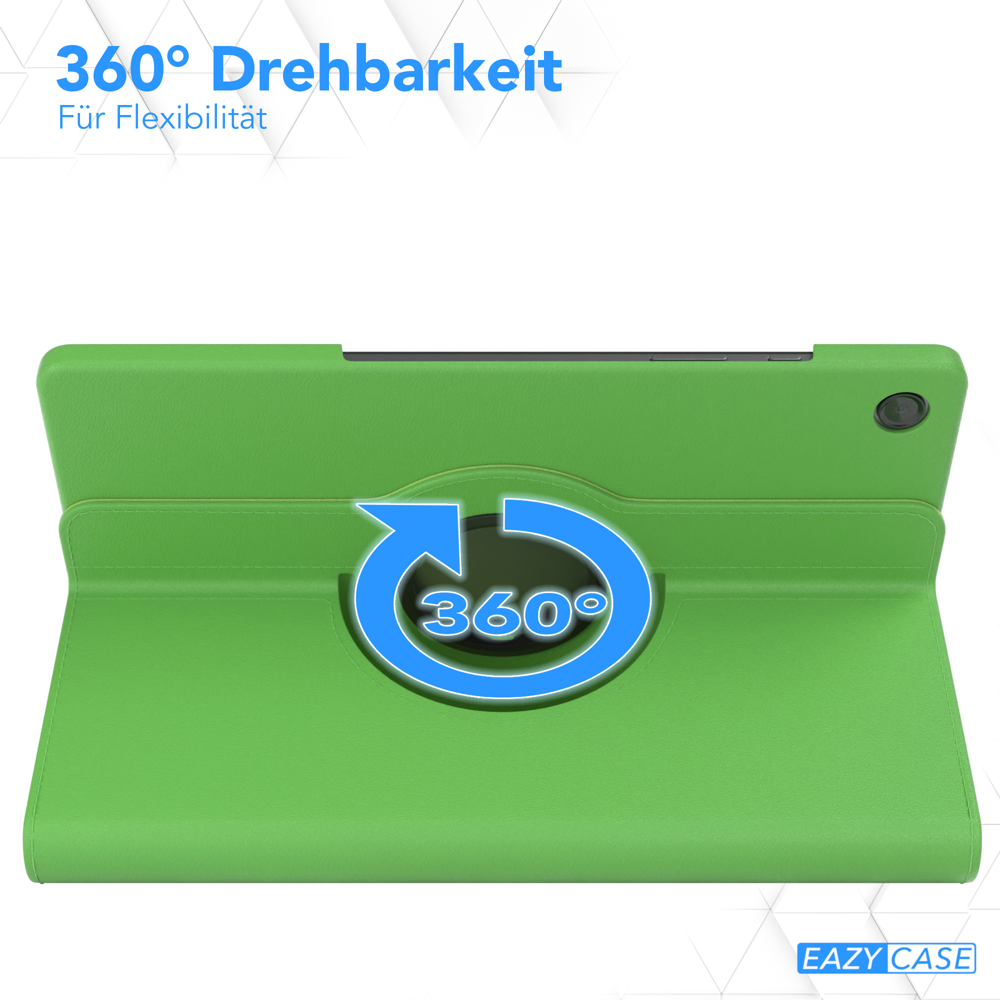 Eine grüne Tablethülle mit Drehfunktion. Der Bildschirm ist schwarz, der Pfeil zeigt 360° Drehung an.