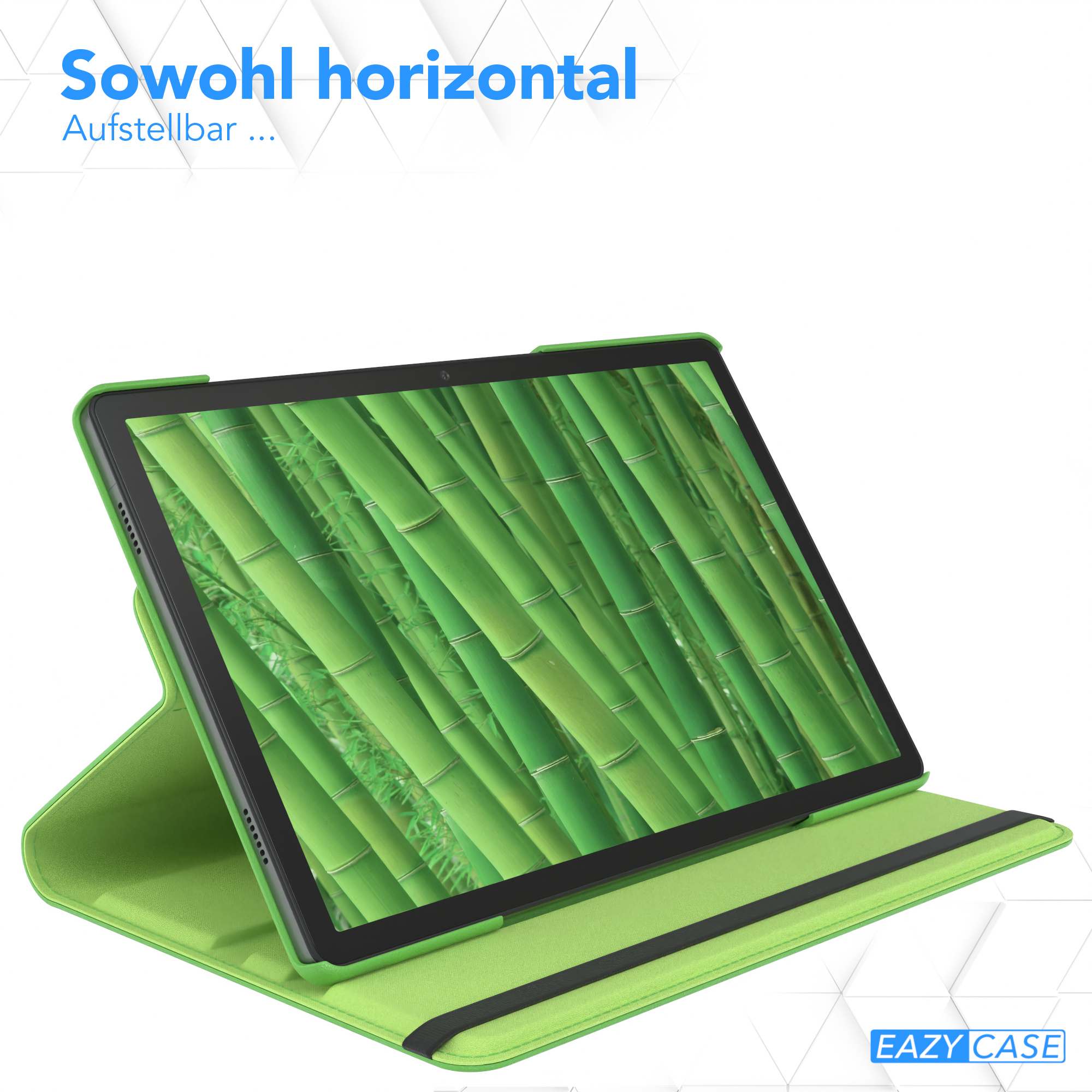 Tablet in grüner Hülle mit Bambuswaldszene.